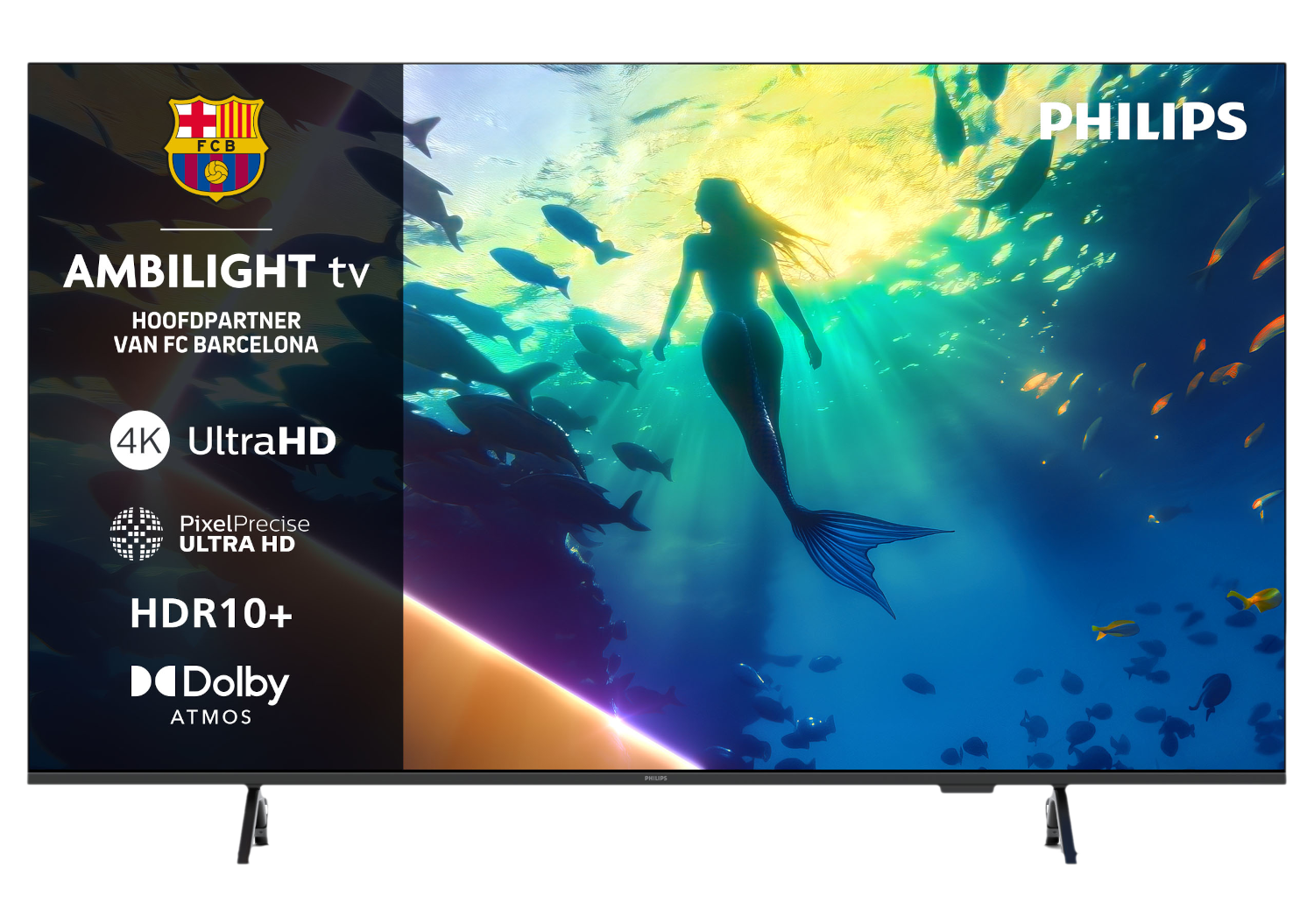 A Philips Ambilight TV shows a mermaid swimming among fish. The logo of FC Barcelona is on the left.
