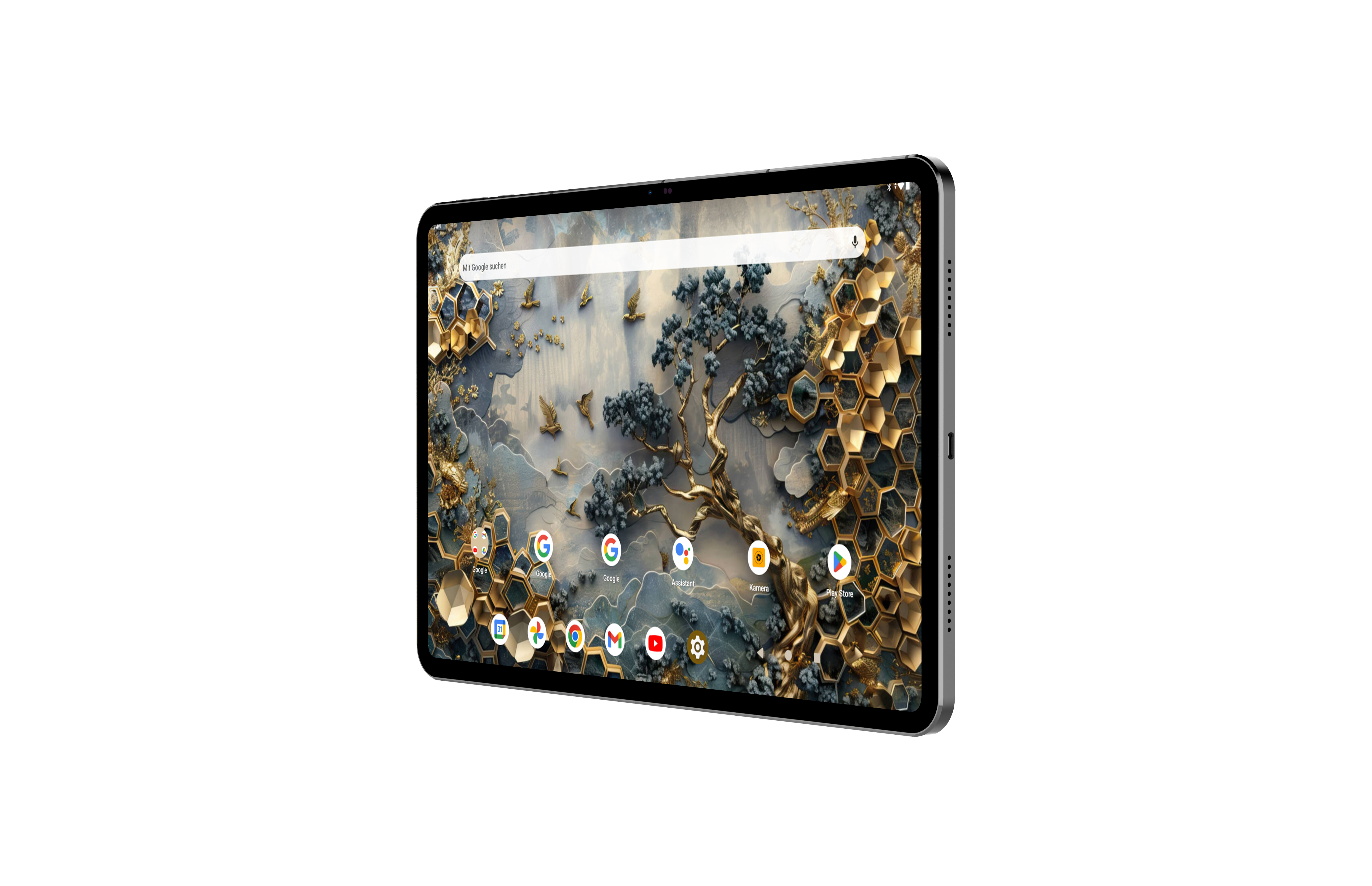 Tablet mit Natur-Hintergrundbild und App-Symbolen. Gerät silbergrau, Hintergrund weiß.