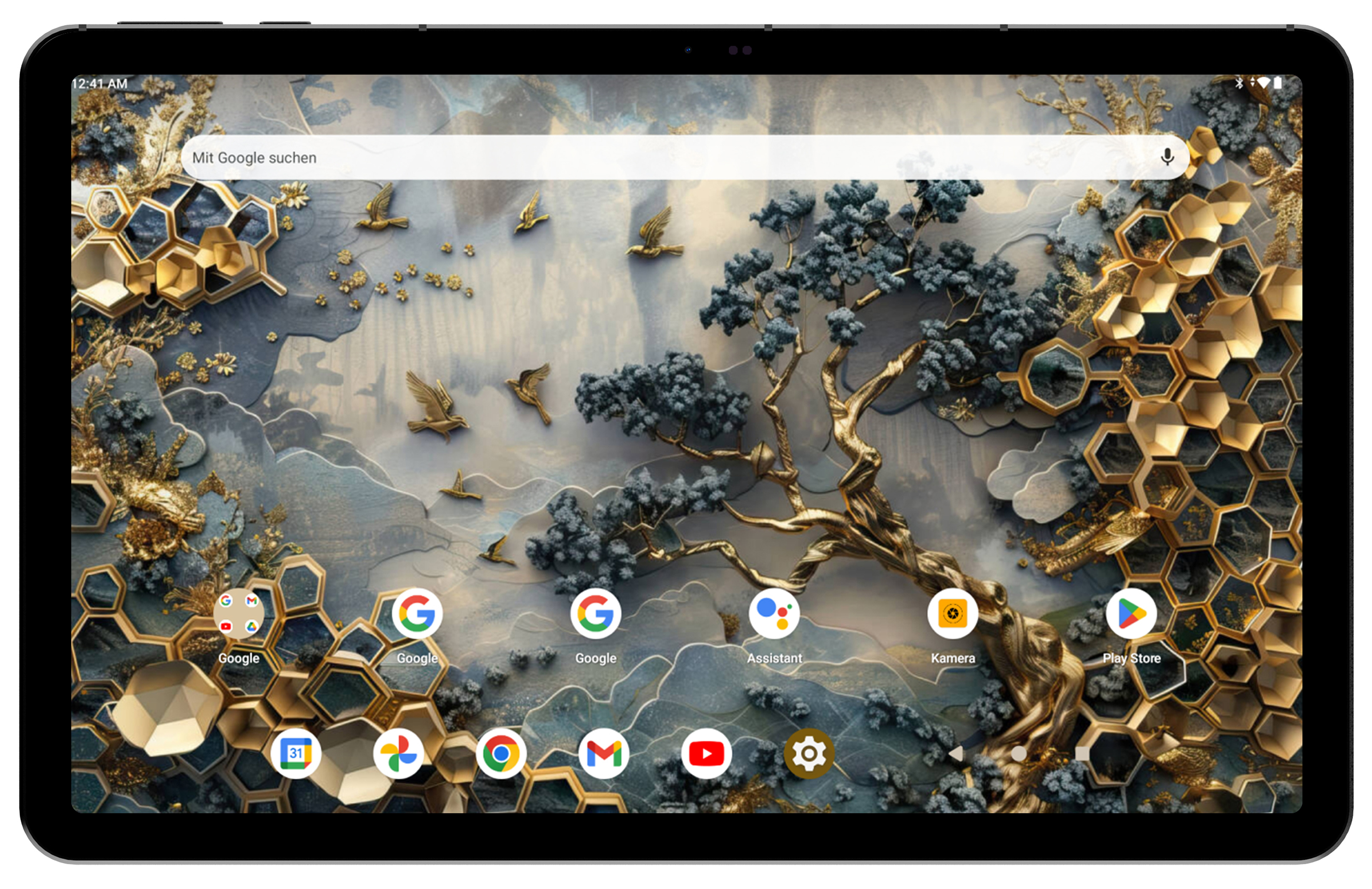 Tablet-Bildschirm mit Kunst eines Baumes, Vögeln und Wabenmuster. App-Symbole unten.