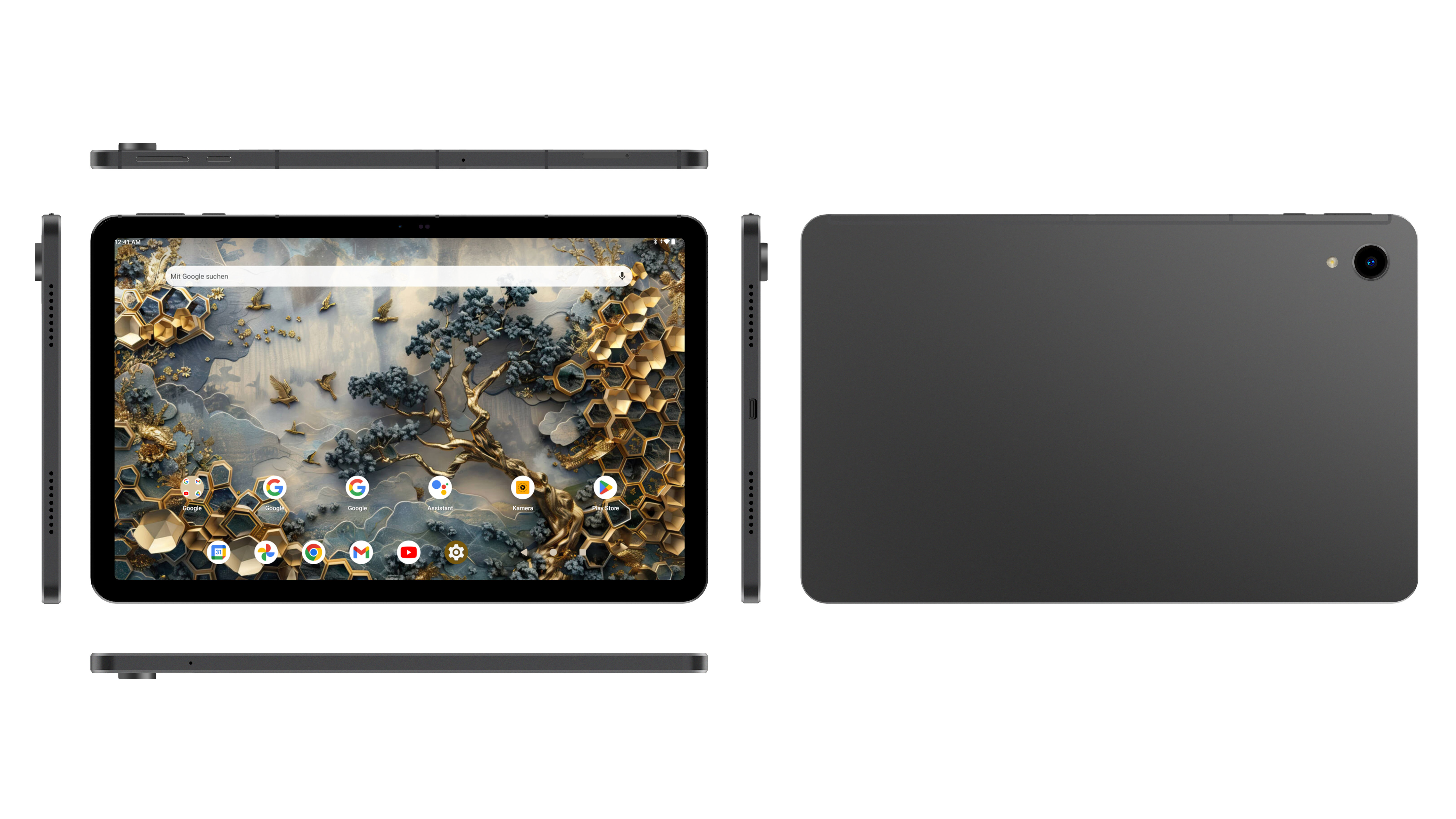 Tablet in mehreren Ansichten. Die Vorderseite zeigt ein Hintergrundbild mit Vögeln und Bäumen. Die Rückseite ist grau.