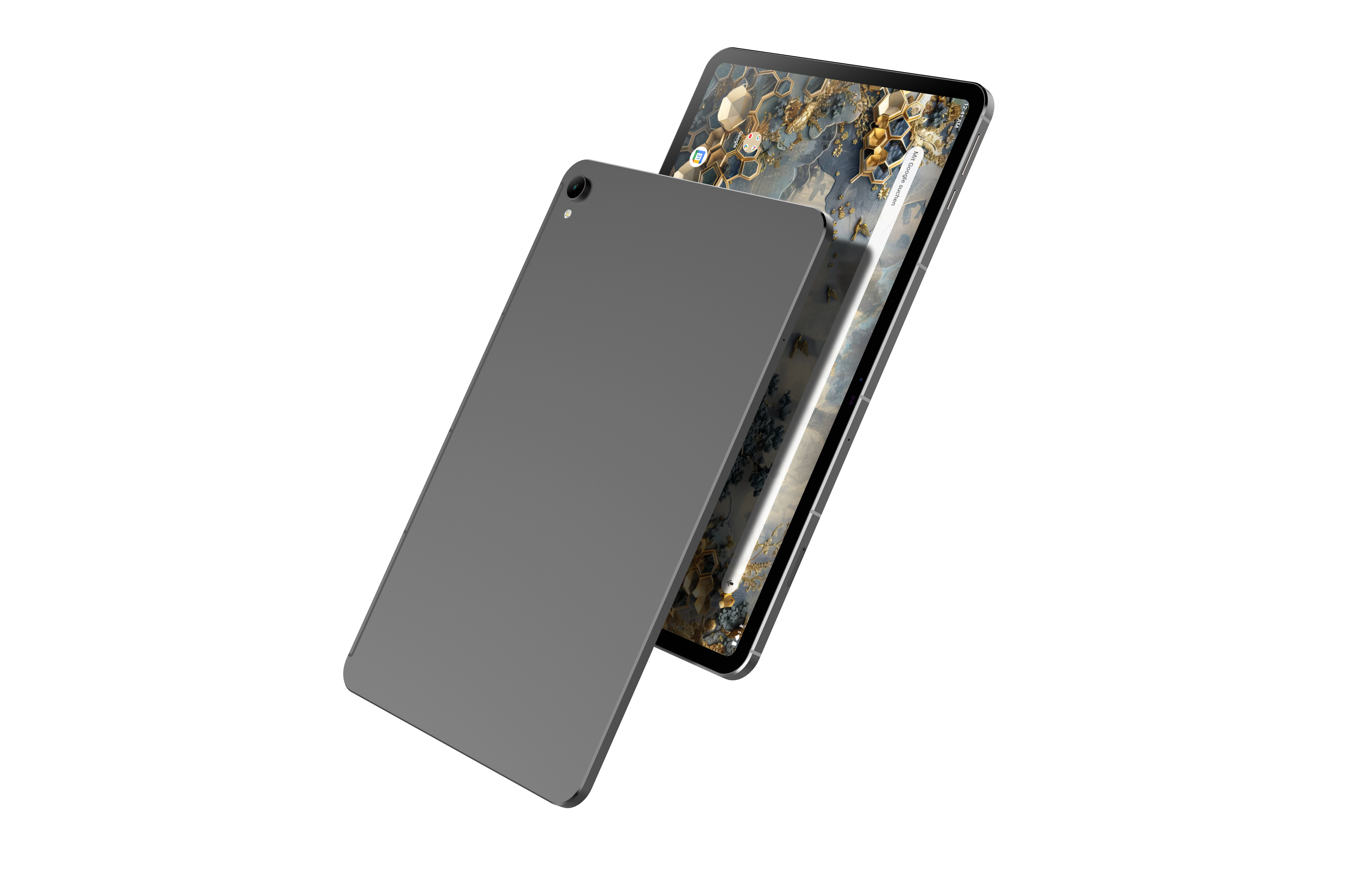 Zwei graue Tablets, eines verdeckt teilweise das andere. Der sichtbare Bildschirm zeigt ein Natur-Hintergrundbild mit Symbolen.