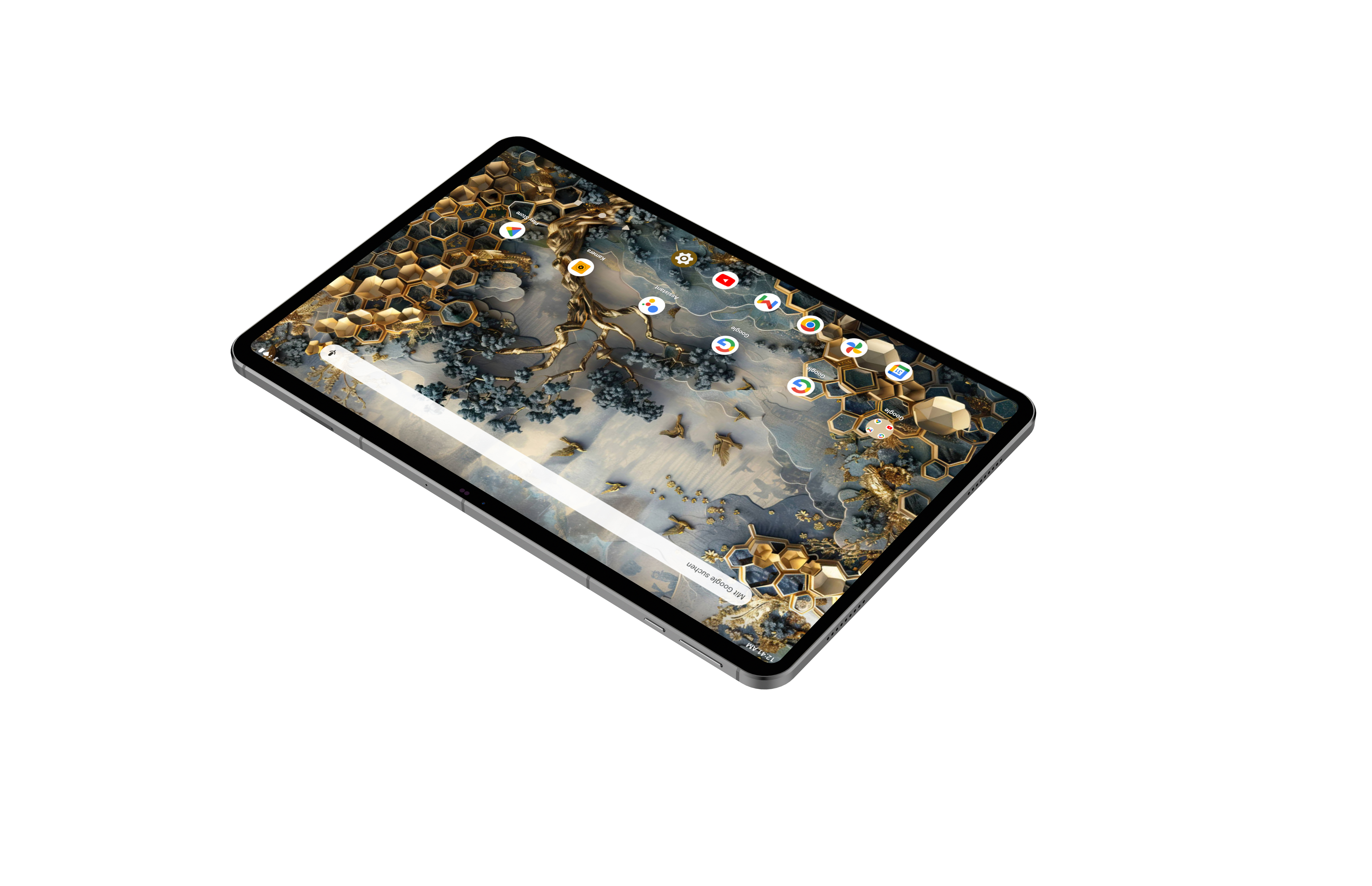 Tablet mit abstraktem Hintergrund und Apps. Das Tablet ist auf weißem Hintergrund abgewinkelt.