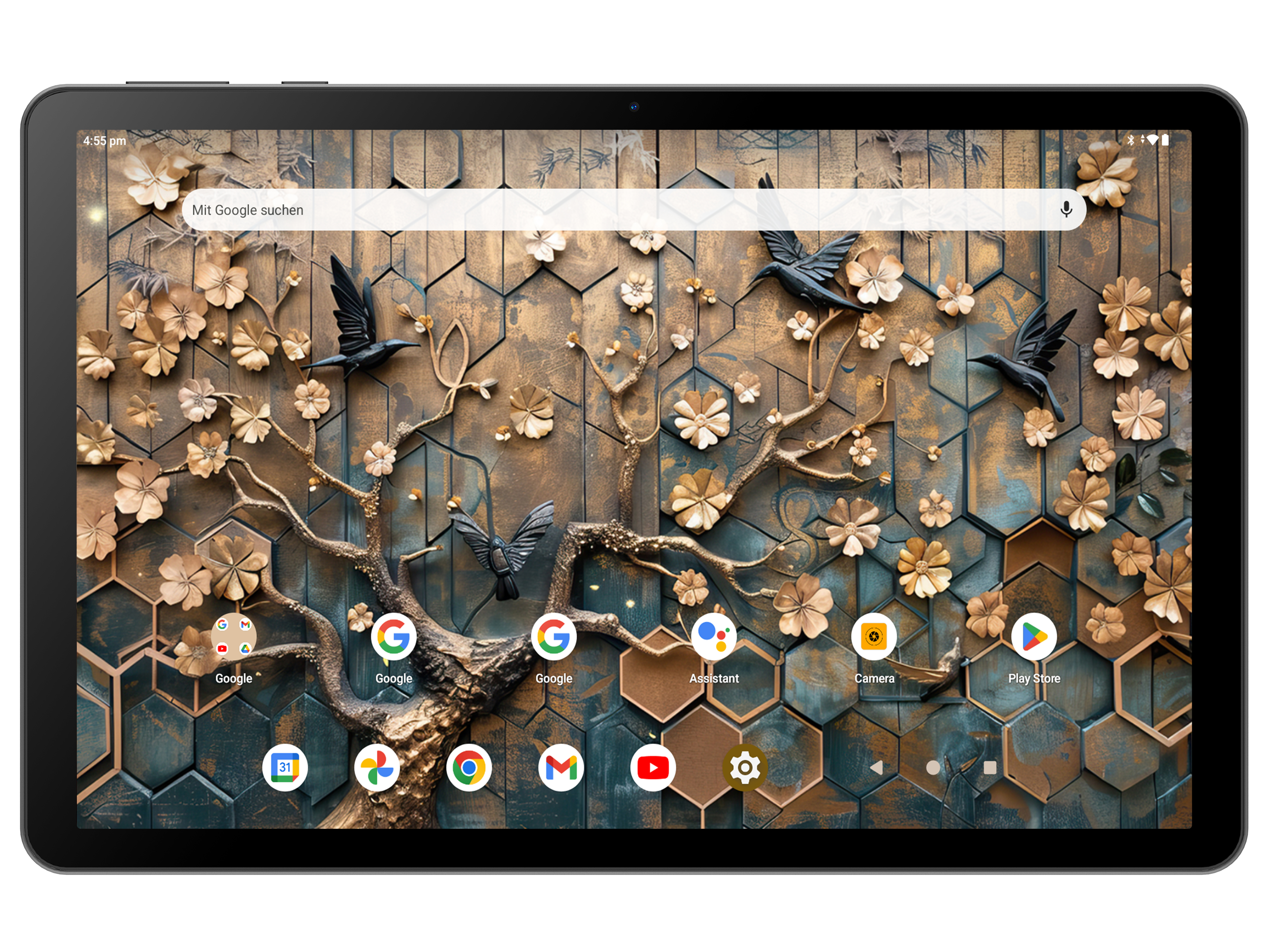 Tablet-Bildschirm mit Natur-Hintergrund. Schwarze Vögel und Blumen auf strukturierter Oberfläche.