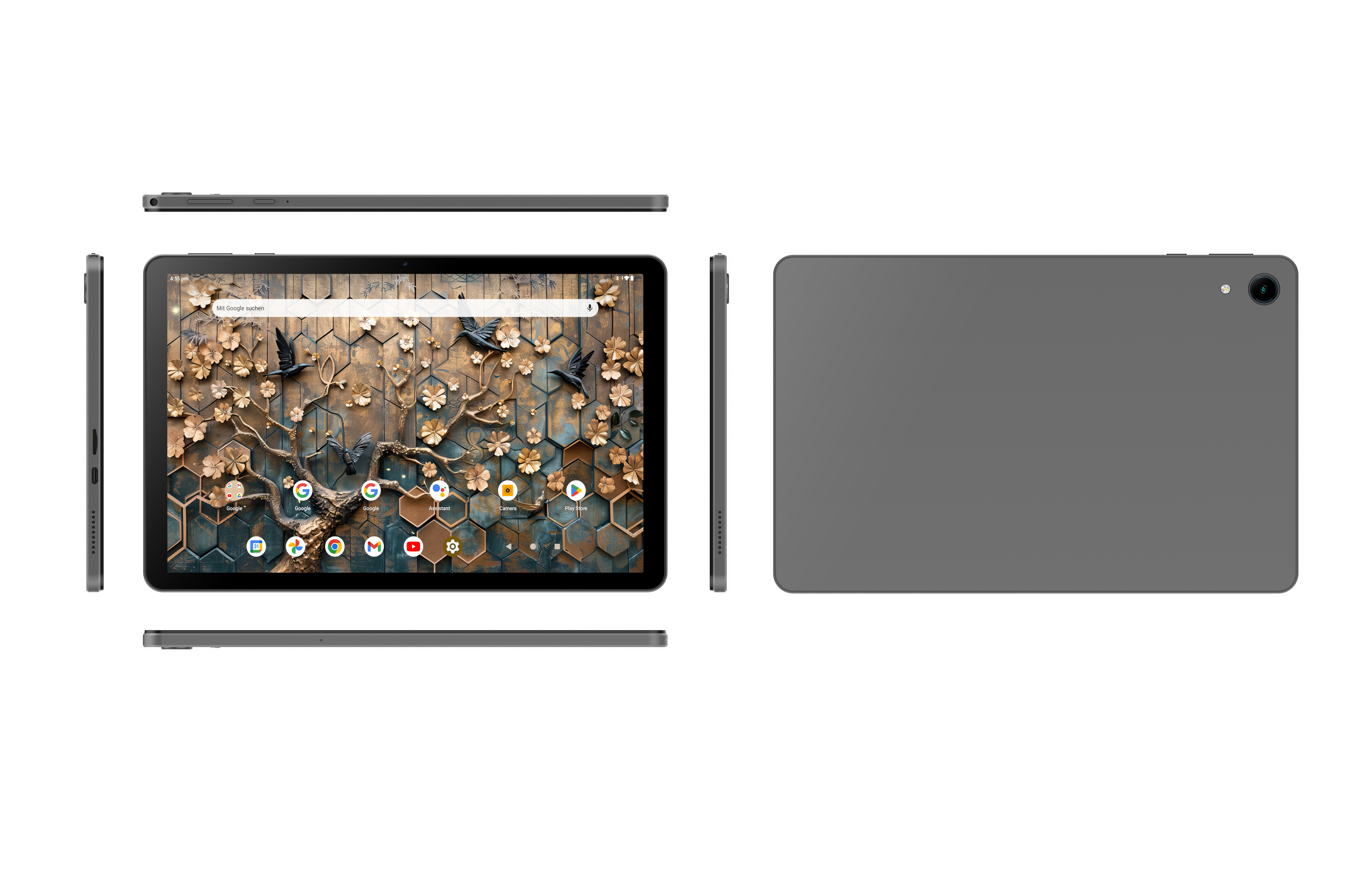 Graues Tablet, vorne und hinten, mit Bildschirm, der Apps zeigt. Seiten- und Draufsicht sichtbar. Weißer Hintergrund.