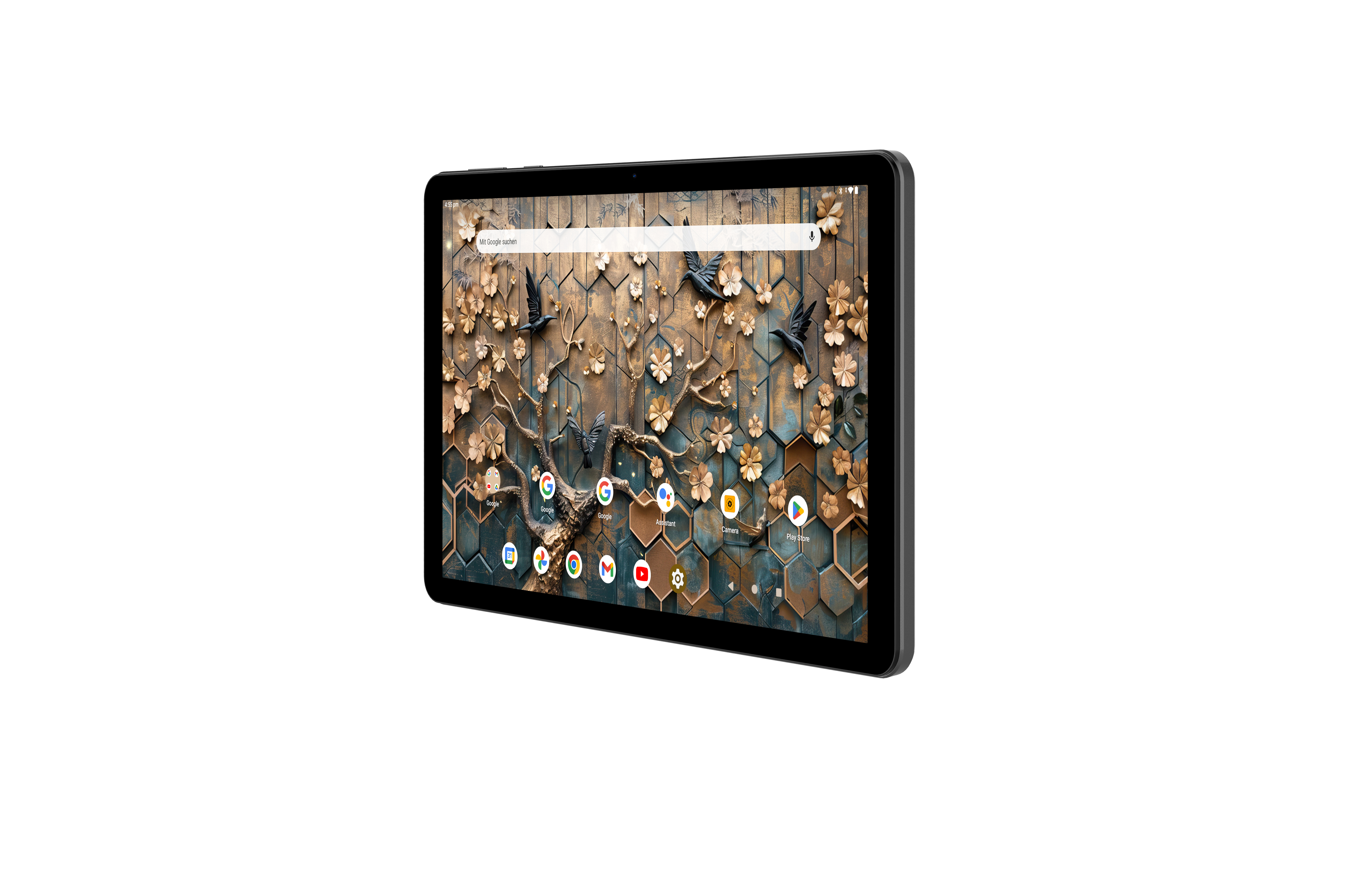 Tablet mit floralem Hintergrund und Symbolen. Schwarze Vögel sind auf dem Bildschirm.