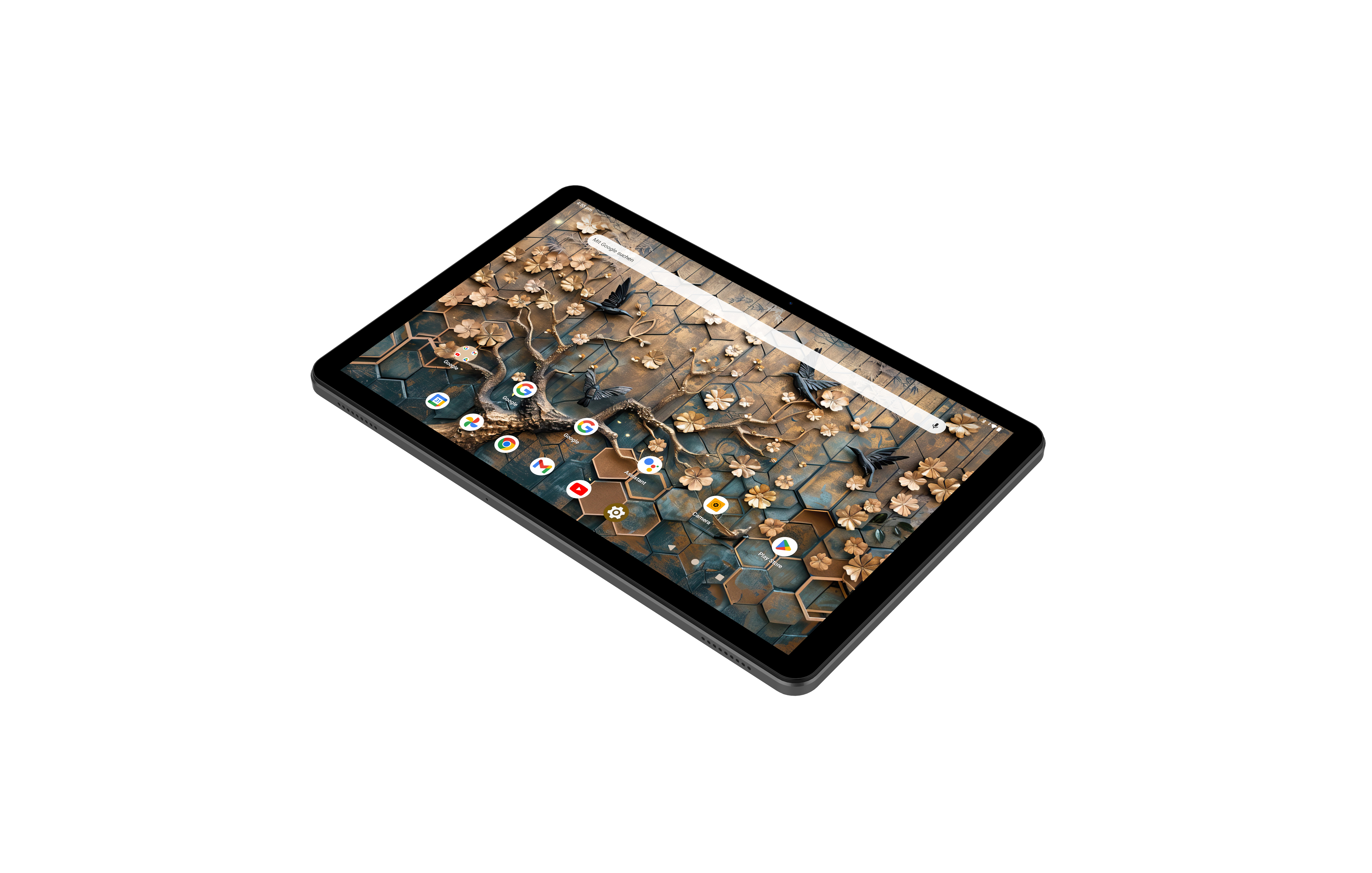 Tablet mit künstlerischem Hintergrund, Blumen, Vögeln und Apps auf dem Startbildschirm.