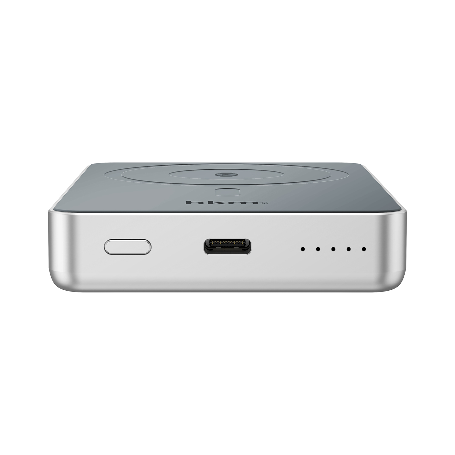 Gümüş ve gri dikdörtgen bir cihaz. Bir USB-C bağlantı noktası, bir düğme ve gösterge ışıkları vardır. Üst kısım, dairesel bir tasarıma sahip gridir.