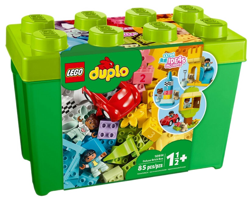 Zielone pudełko LEGO Duplo Deluxe Brick Box. Zawiera klocki, figurki, czerwony samochód i wieżę. Pudełko jest zielone.