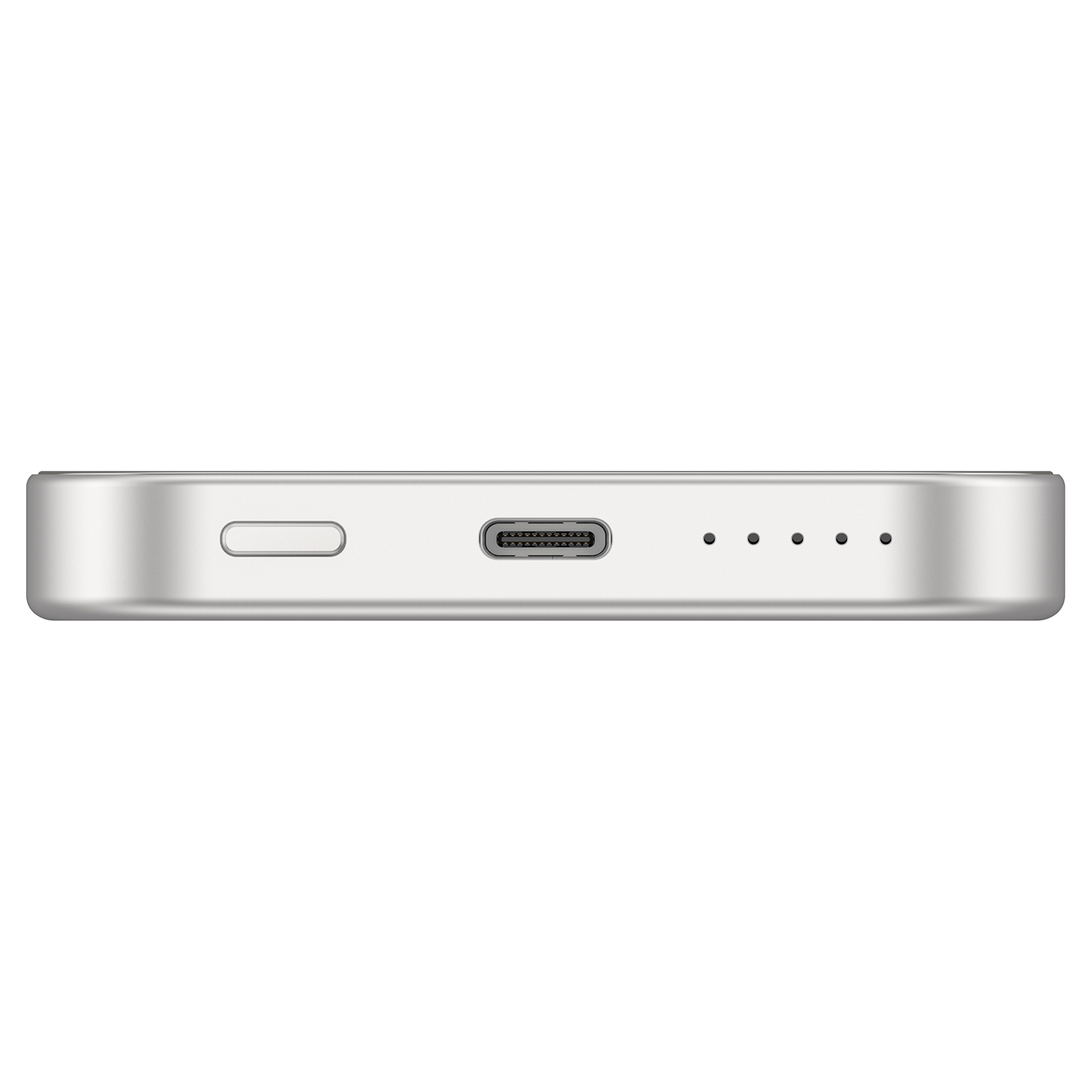 USB-C portu, bir düğmesi ve dört küçük gösterge ışığı olan gümüş renkli dikdörtgen cihaz. Beyaz arka plan.