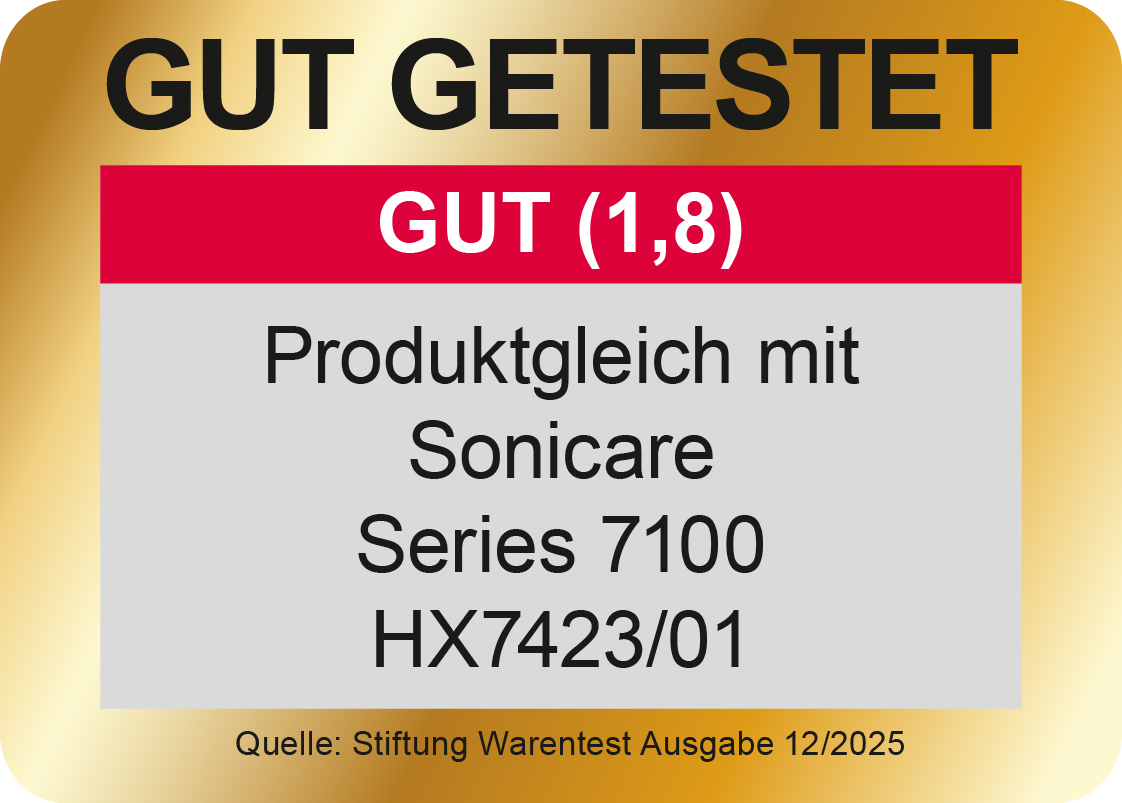 Autocollant doré et rouge avec texte. Indique 'GUT GETESTET', 'GUT (1,8)', détails du produit et 'Quelle: Stiftung Warentest'.