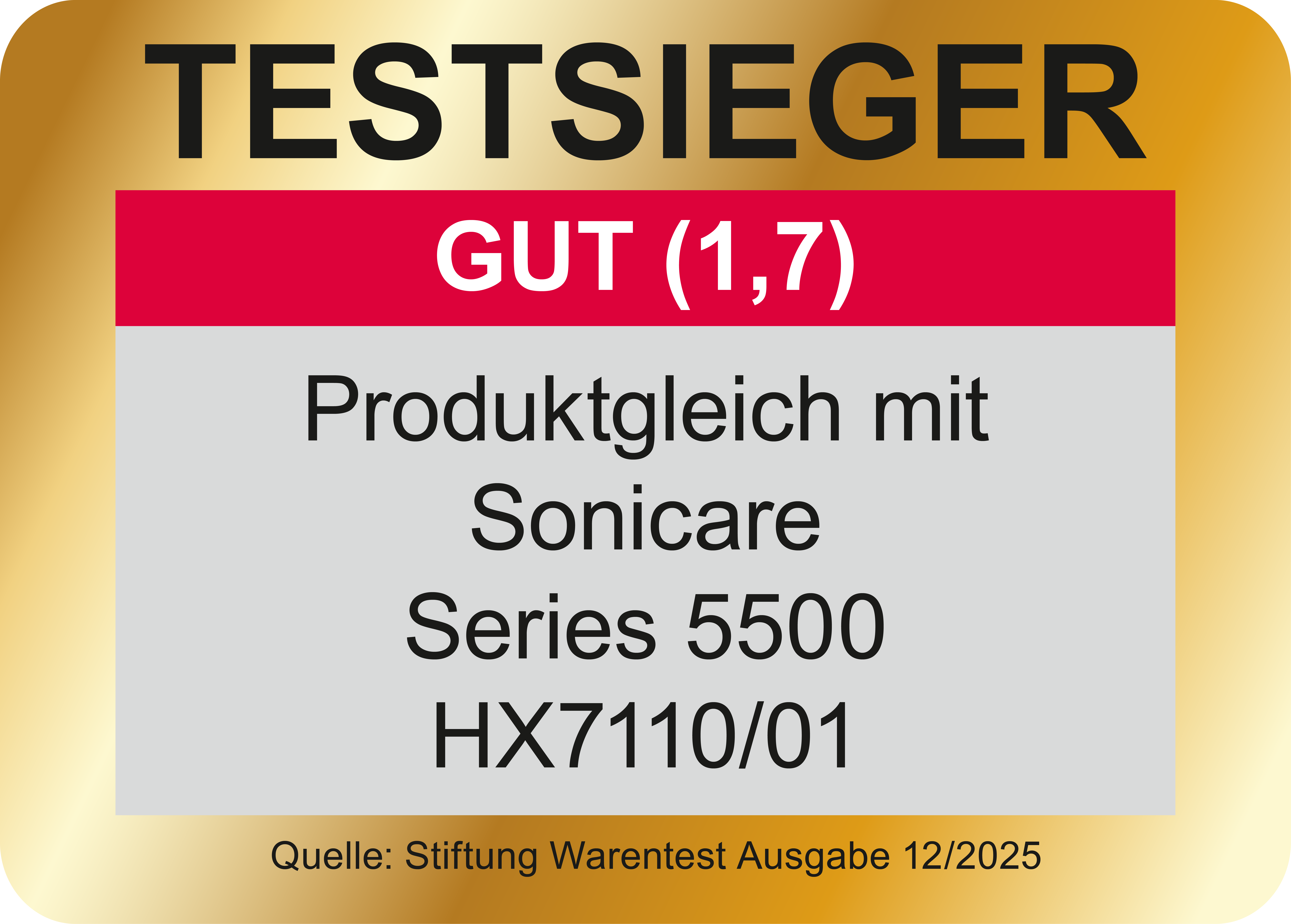 Sfondo dorato con barra rossa 'GUT', testo nero: 'TESTSIEGER', 'Produktgleich mit Sonicare Series 5500'.