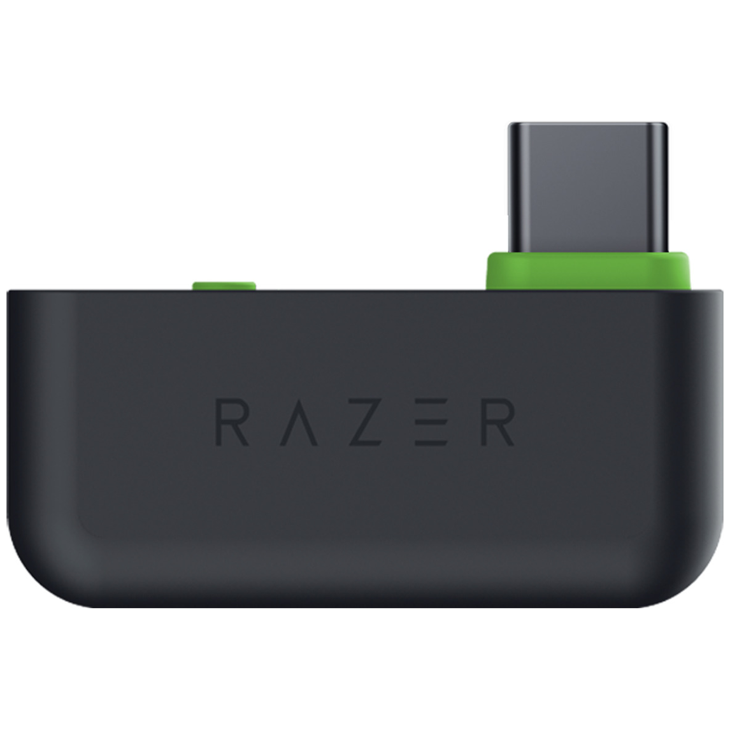 A black Razer dongle with a USB-C port. It has a green accent and a button. The Razer logo is visible.