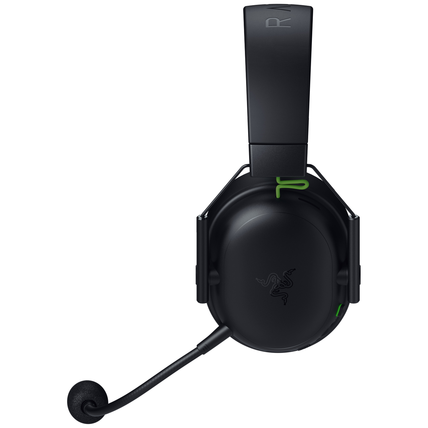 Black Razer gaming headset with a microphone. Features green accents and Razer logo. Set against a white background.