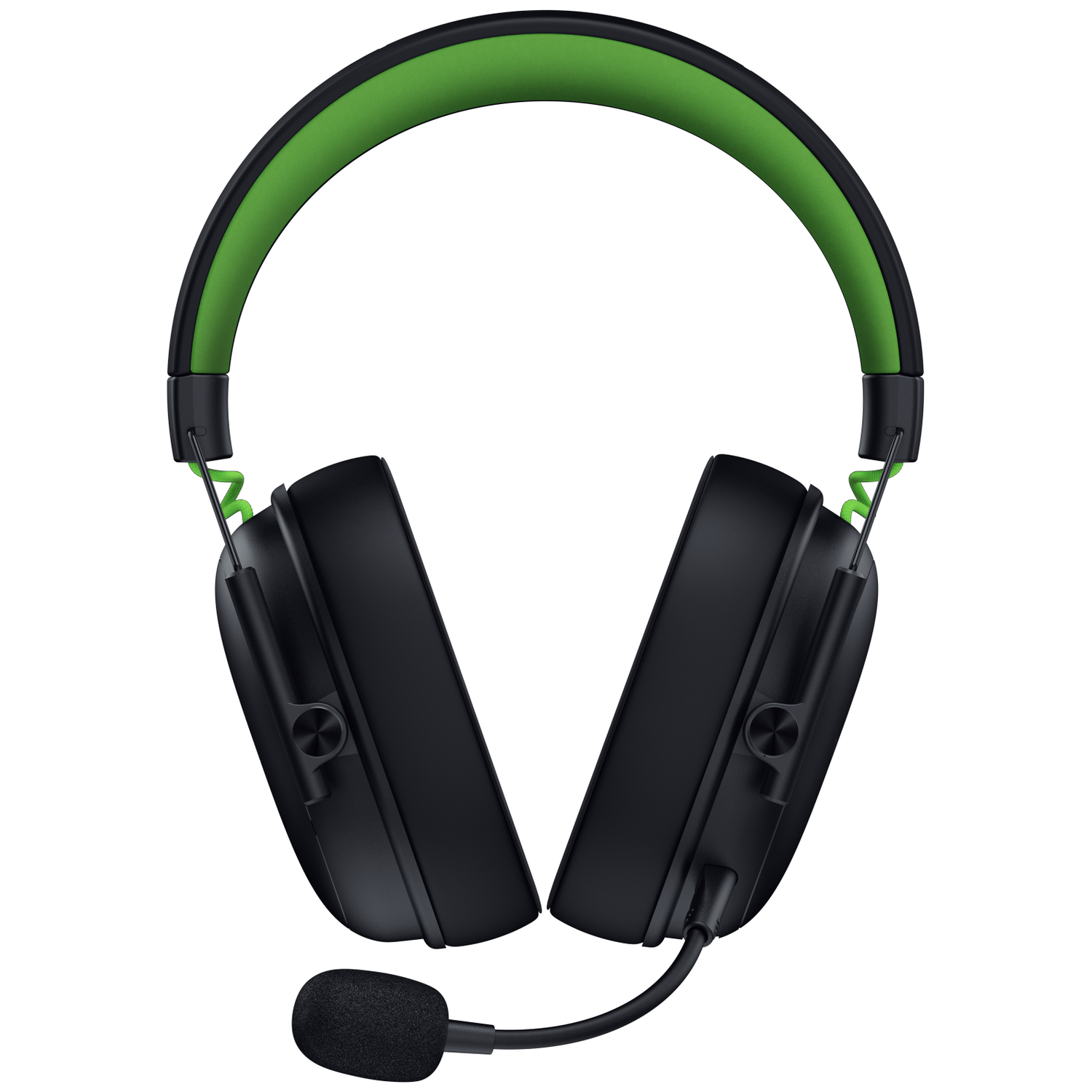 Black gaming headset with green accents. Features a microphone. Headband is green, earcups are black, and the background is white.
