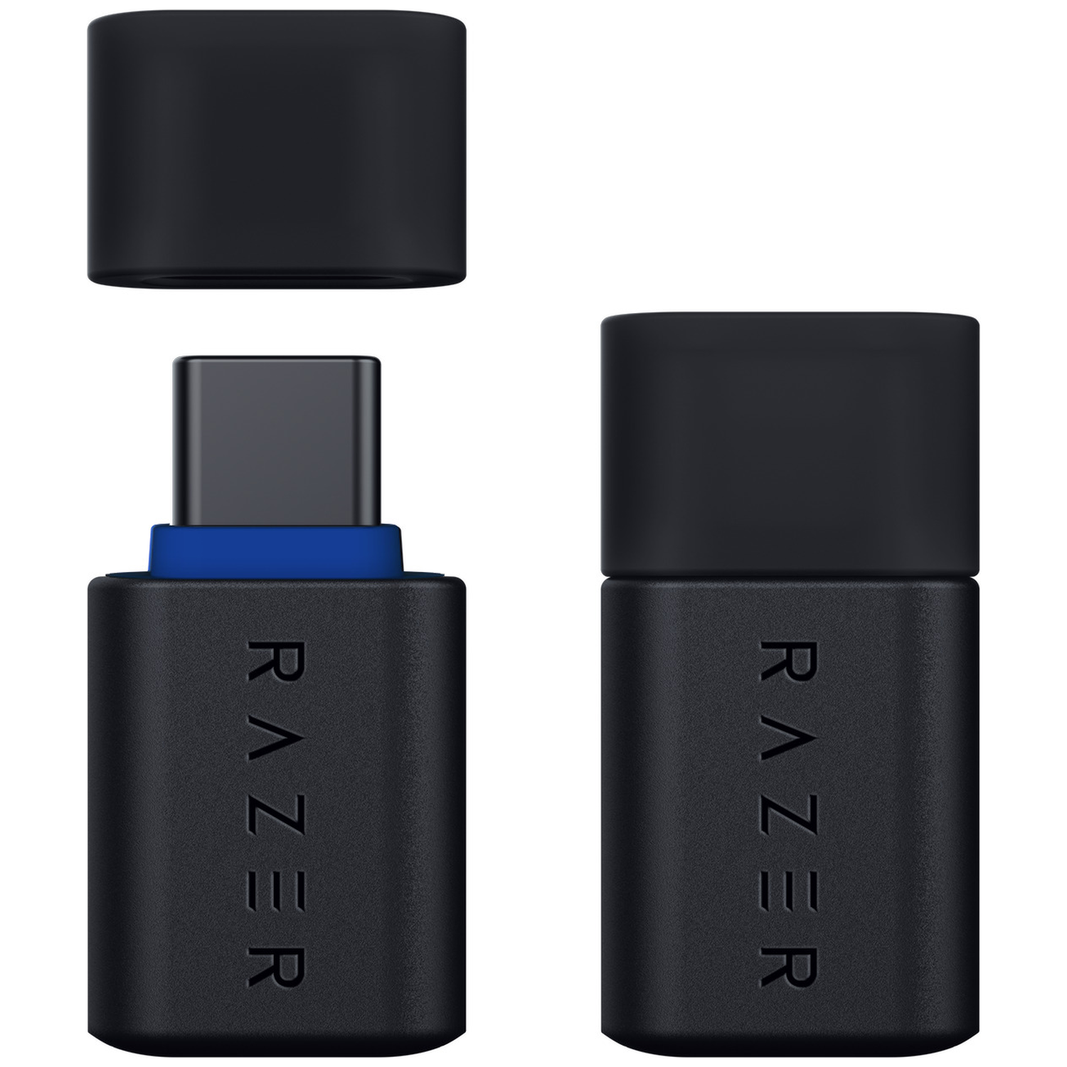 Black Razer USB-C adapter. One with cap detached, the other with cap on. Blue accent ring. Razer logo is visible on both.