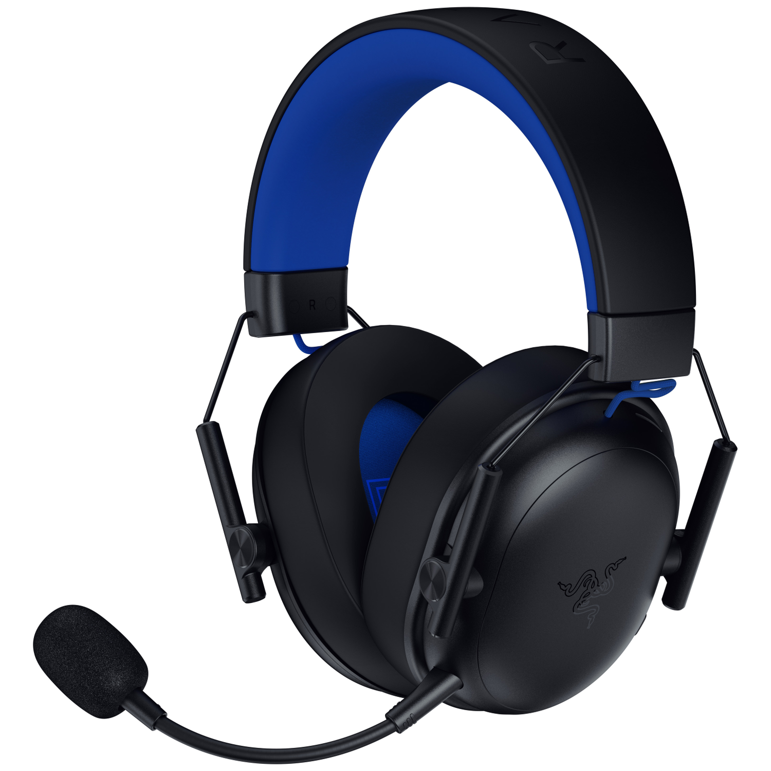 Black gaming headset with blue accents. Features a microphone, earcups, and a padded headband. Razer logo visible on the earcup.