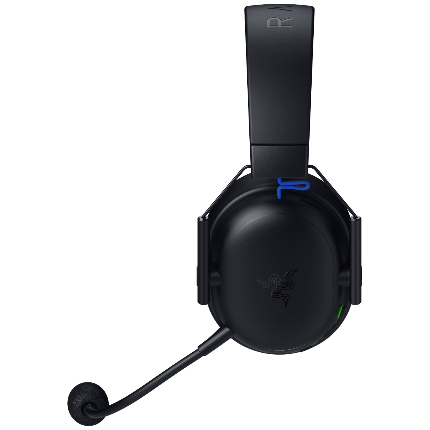 Black Razer gaming headset with a microphone. The headset has blue accents and a green power indicator. The background is white.