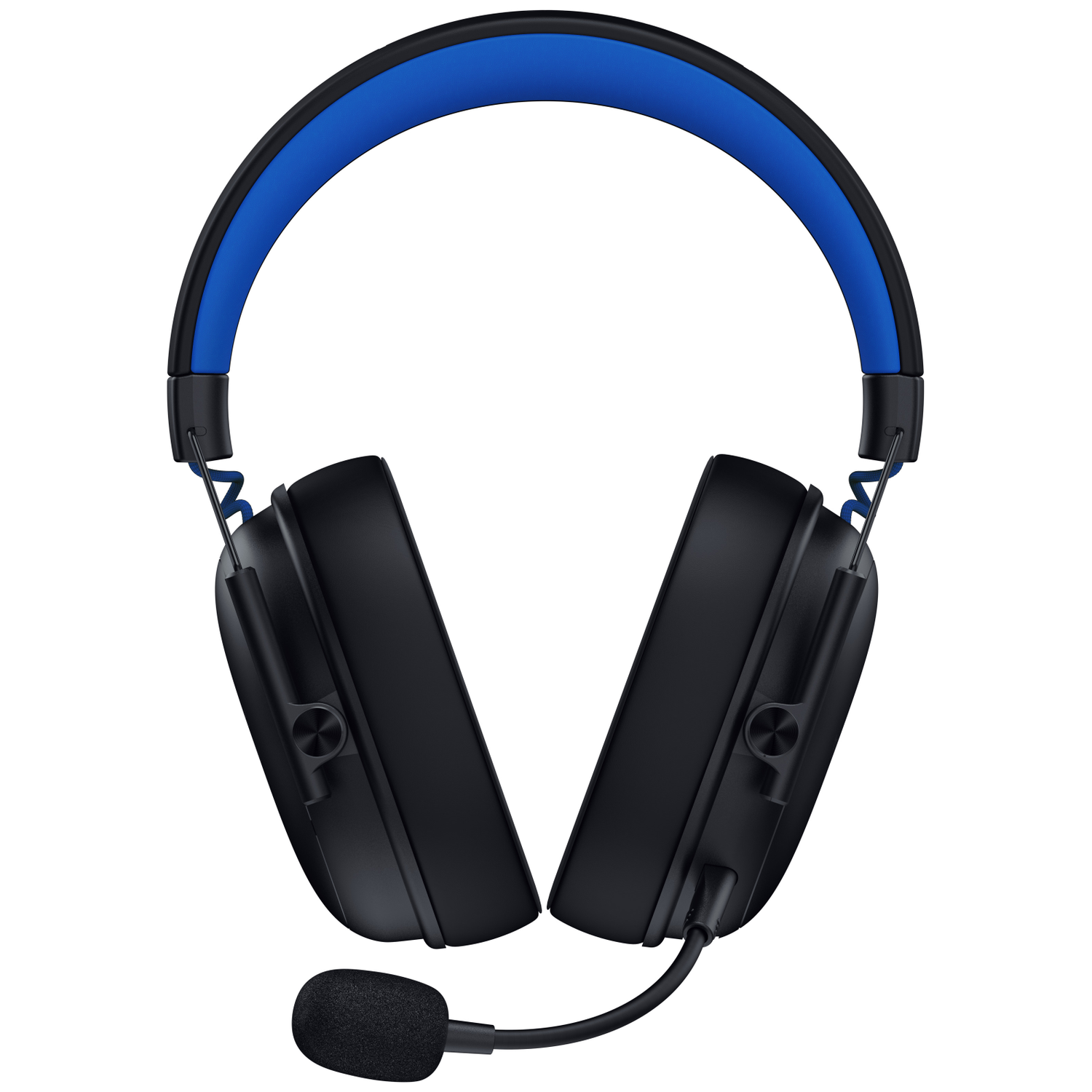 Black gaming headset with blue headband padding and attached microphone. The headphones are shown against a white background.