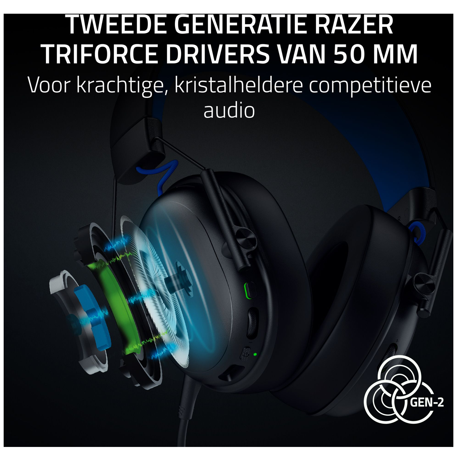 Black Razer headset with exploded view of speaker components. Text says 'TRIFORCE DRIVERS'. Blue accents and 'GEN-2' logo.