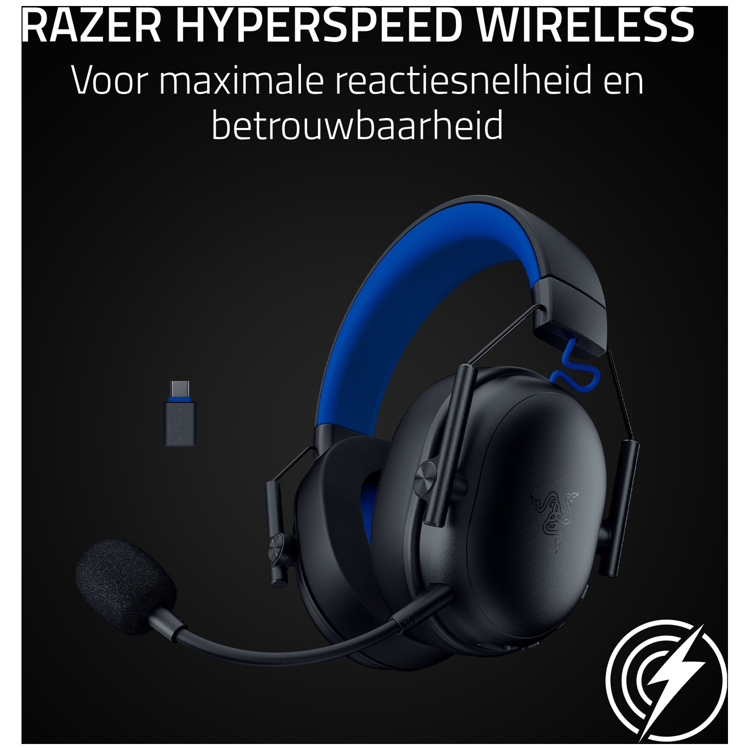 Black and blue Razer wireless headset with a microphone, a small receiver, and a signal icon on a black background.
