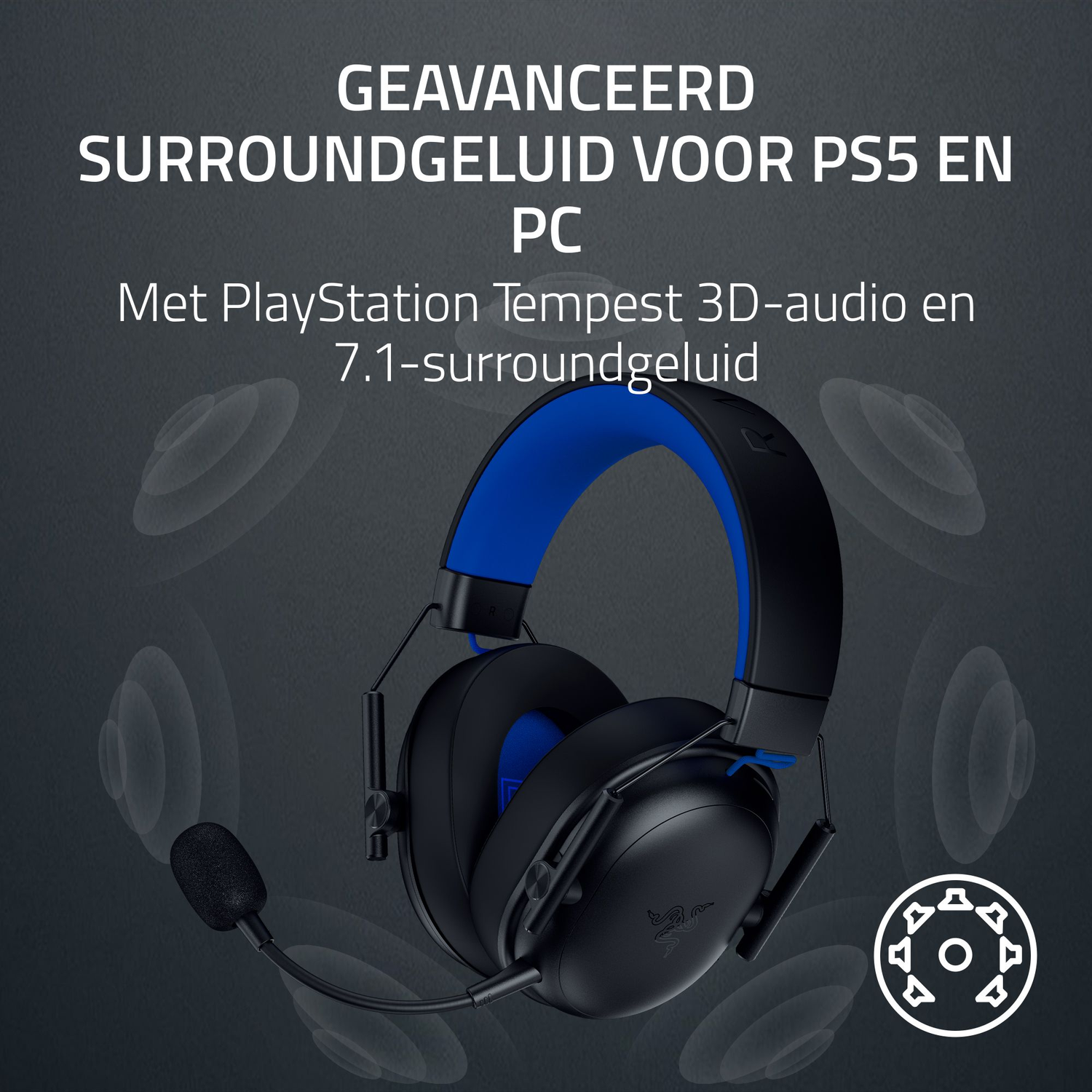 Black and blue gaming headset with a microphone. Text above reads: advanced surround sound for PS5 and PC.
