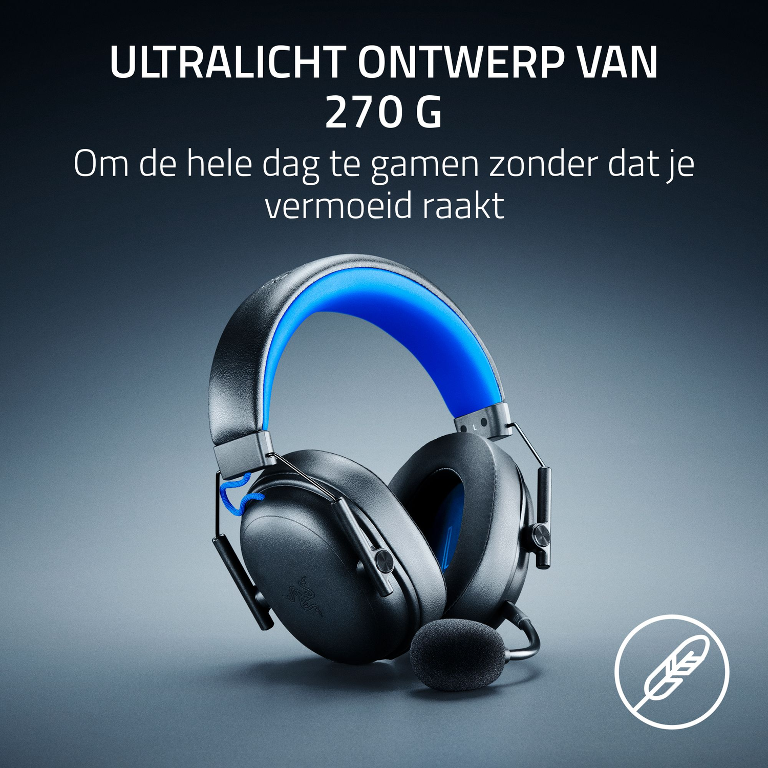 Black and blue gaming headset with a microphone. Text above says 'Ultralight design of 270g'. A feather icon is on the right.