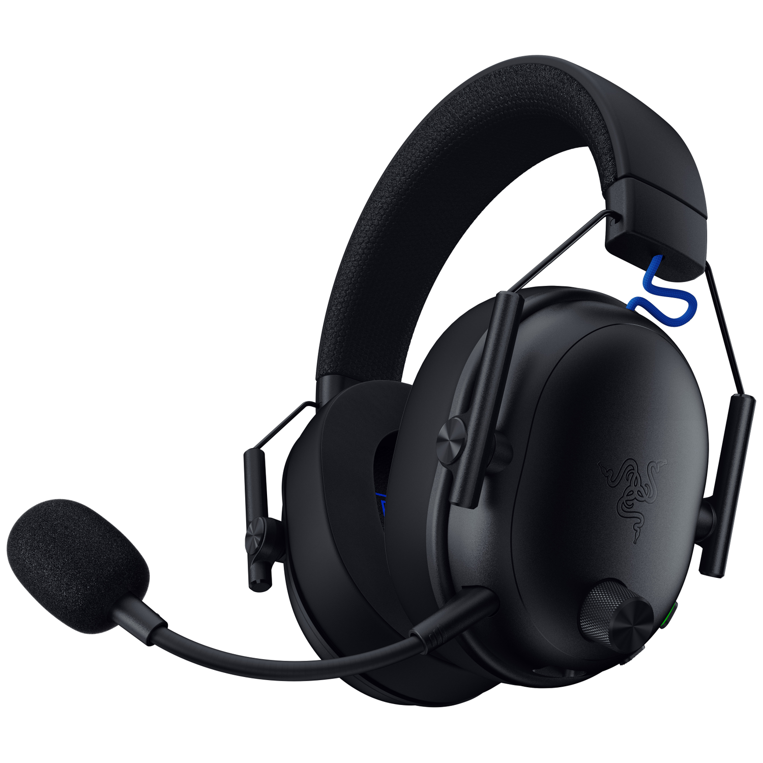 Black Razer gaming headset with a microphone. Features a Razer logo and blue accents. Isolated on a white background.