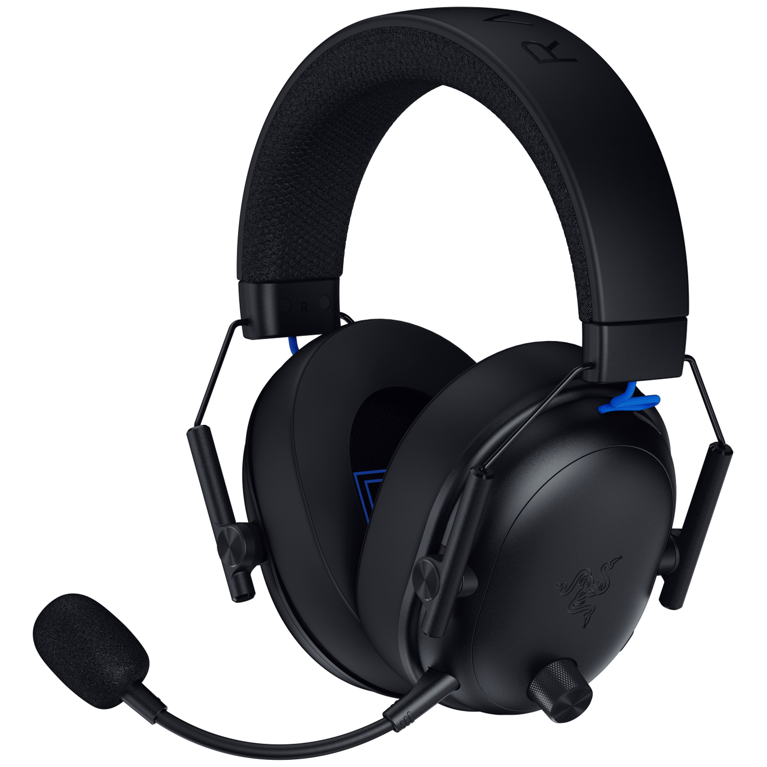 Black Razer gaming headset with a microphone. Features include ear cups, a padded headband, and a Razer logo.