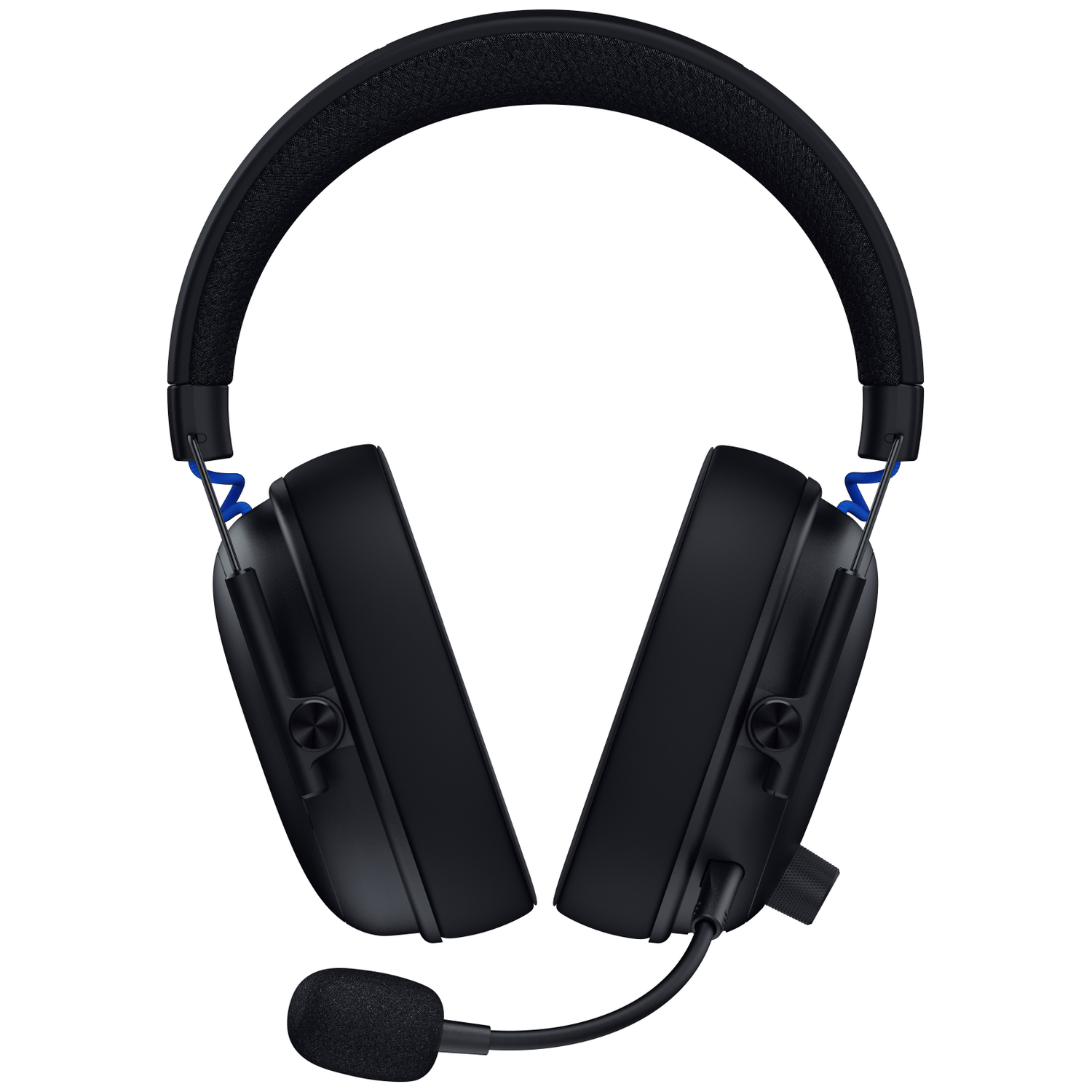 Black gaming headset with blue accents. Features a microphone, earcups, and padded headband. Isolated on white background.