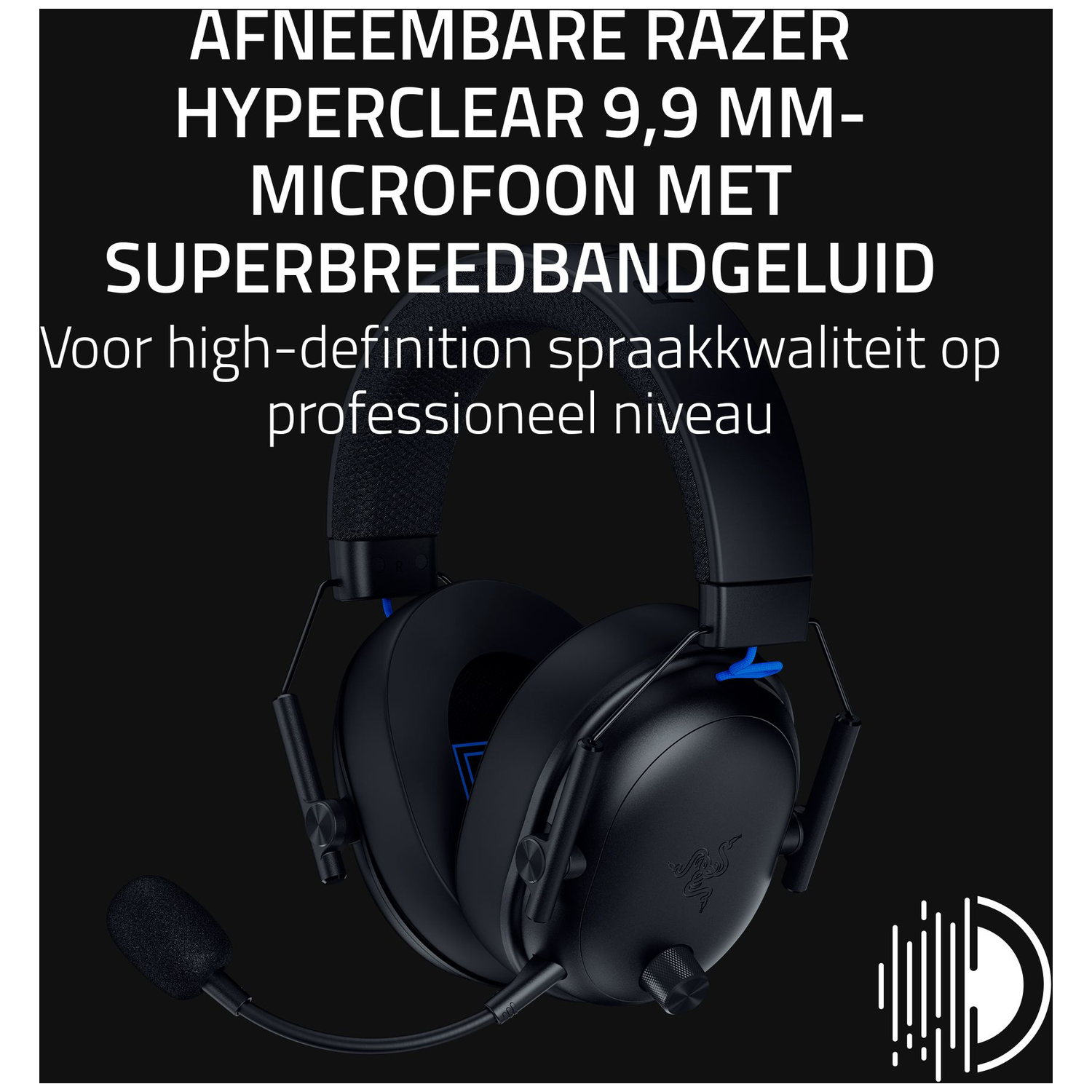 Black Razer headset with a microphone. Text at the top reads, "AFNEEMBARE RAZER HYPERCLEAR...SUPERBREEDBANDGELUID".