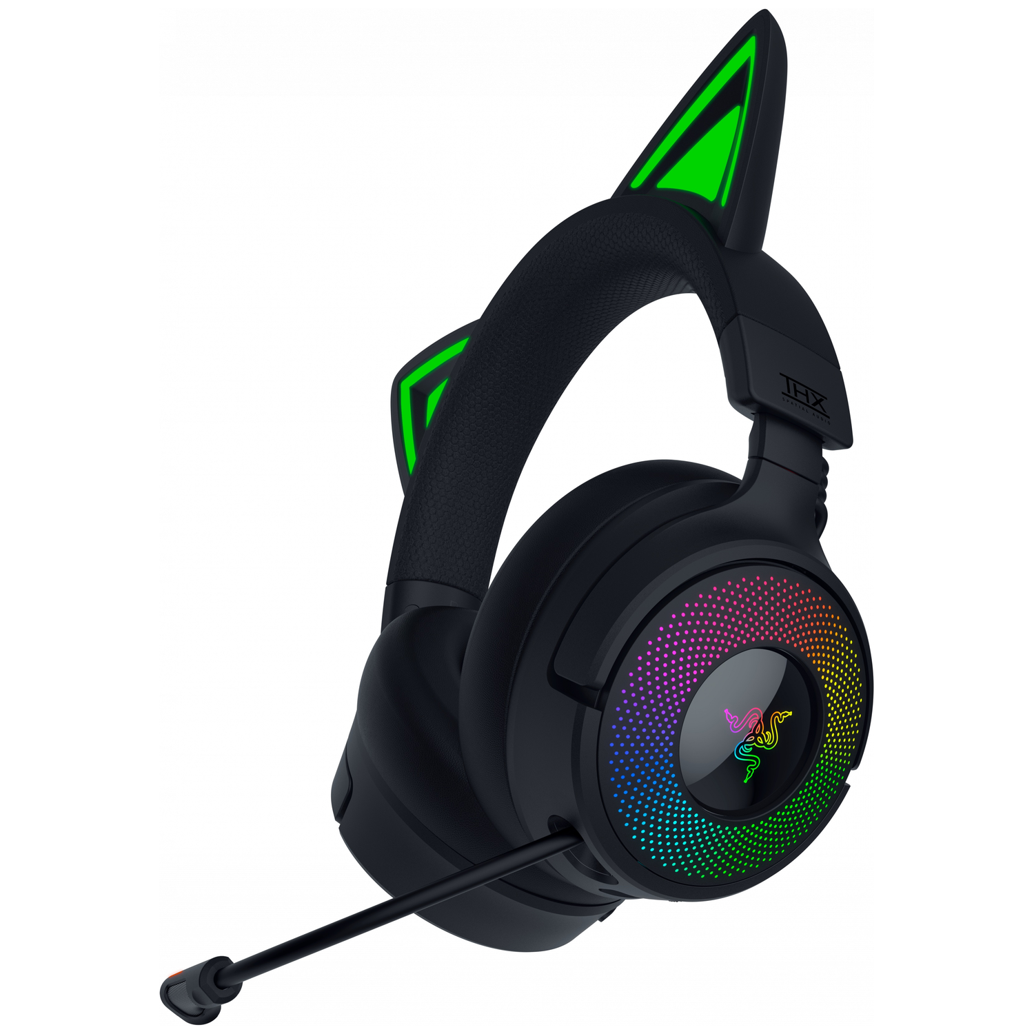 Zwarte gaming headset met kattenoren en RGB-verlichting. Inclusief microfoon. Razer logo op de oorschelp.