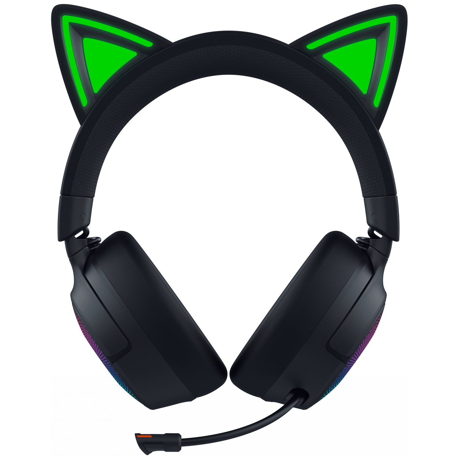 Zwarte gaming headset met kattenoren. Groen oplichtende kattenoren bovenop. Microfoon en kleurrijke lampjes op de oorschelpen.