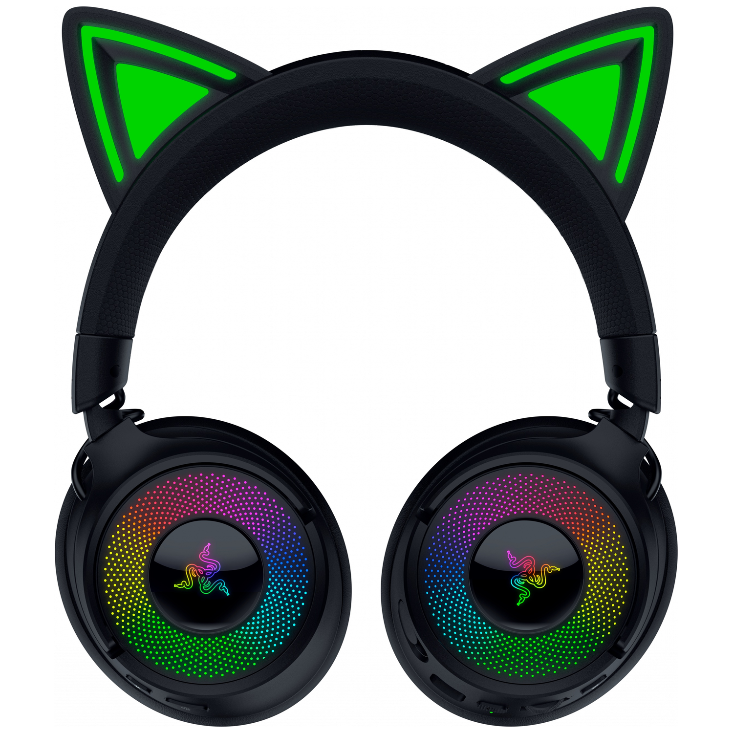 Zwarte headset met kattenoren en kleurrijke oorschelpen. Kattenoren zijn groen. Razer-logo op de oorschelpen.