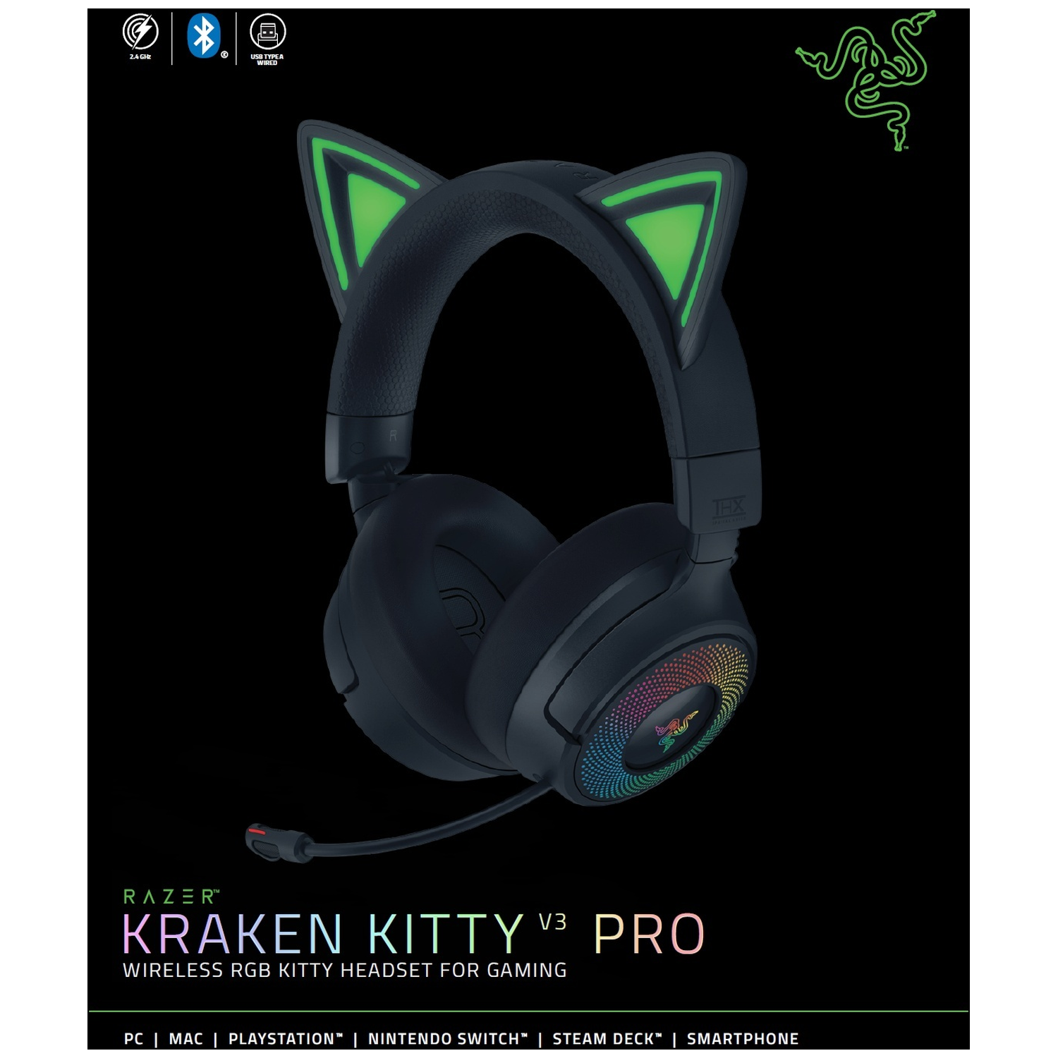 Zwarte Razer Kraken Kitty V3 Pro headset met RGB-verlichting, kattenoren en microfoon. Tekst onderaan toont compatibiliteit.