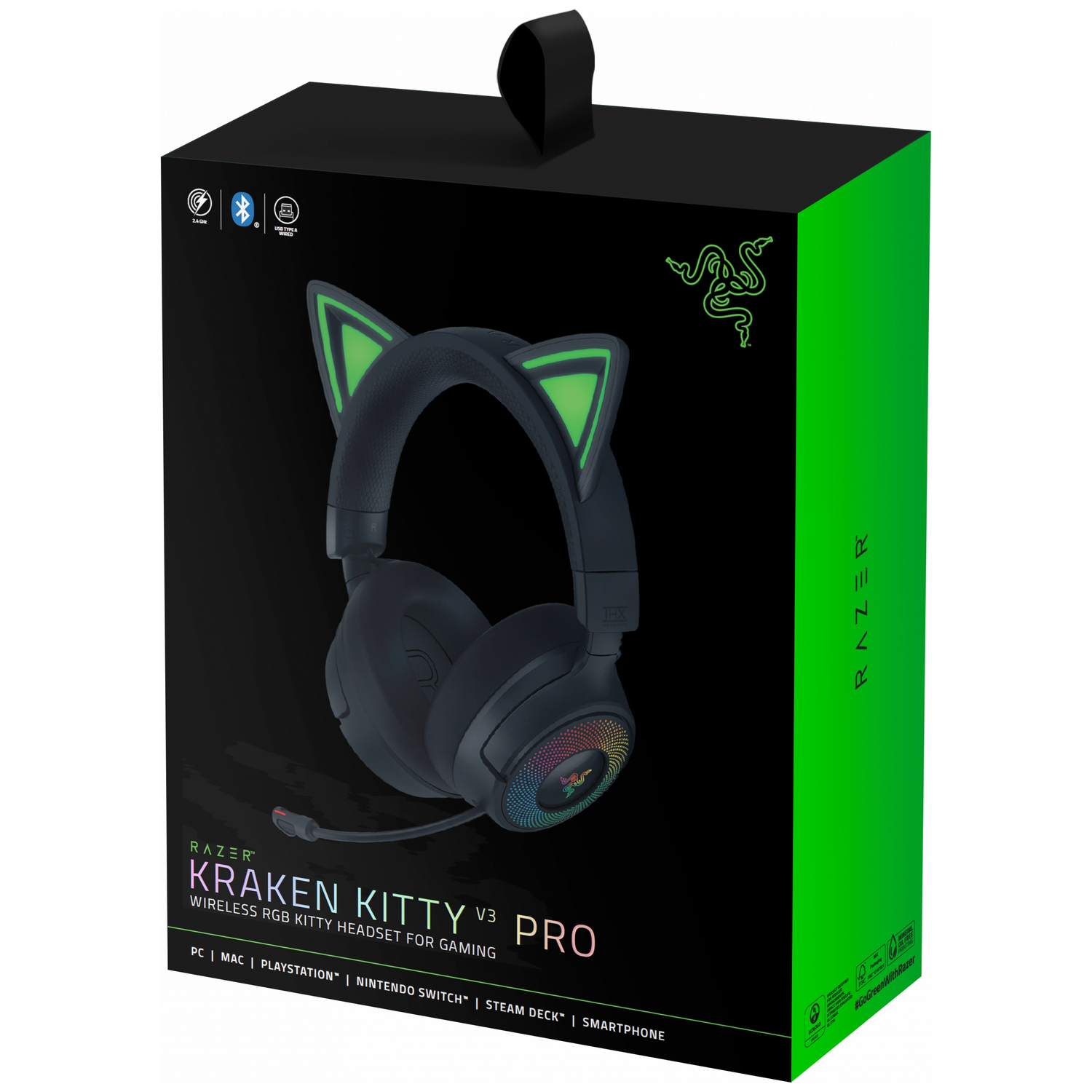 Zwarte Razer Kraken Kitty V3 Pro headsetbox. De headset is zwart met groene accenten. De doos is zwart en groen.