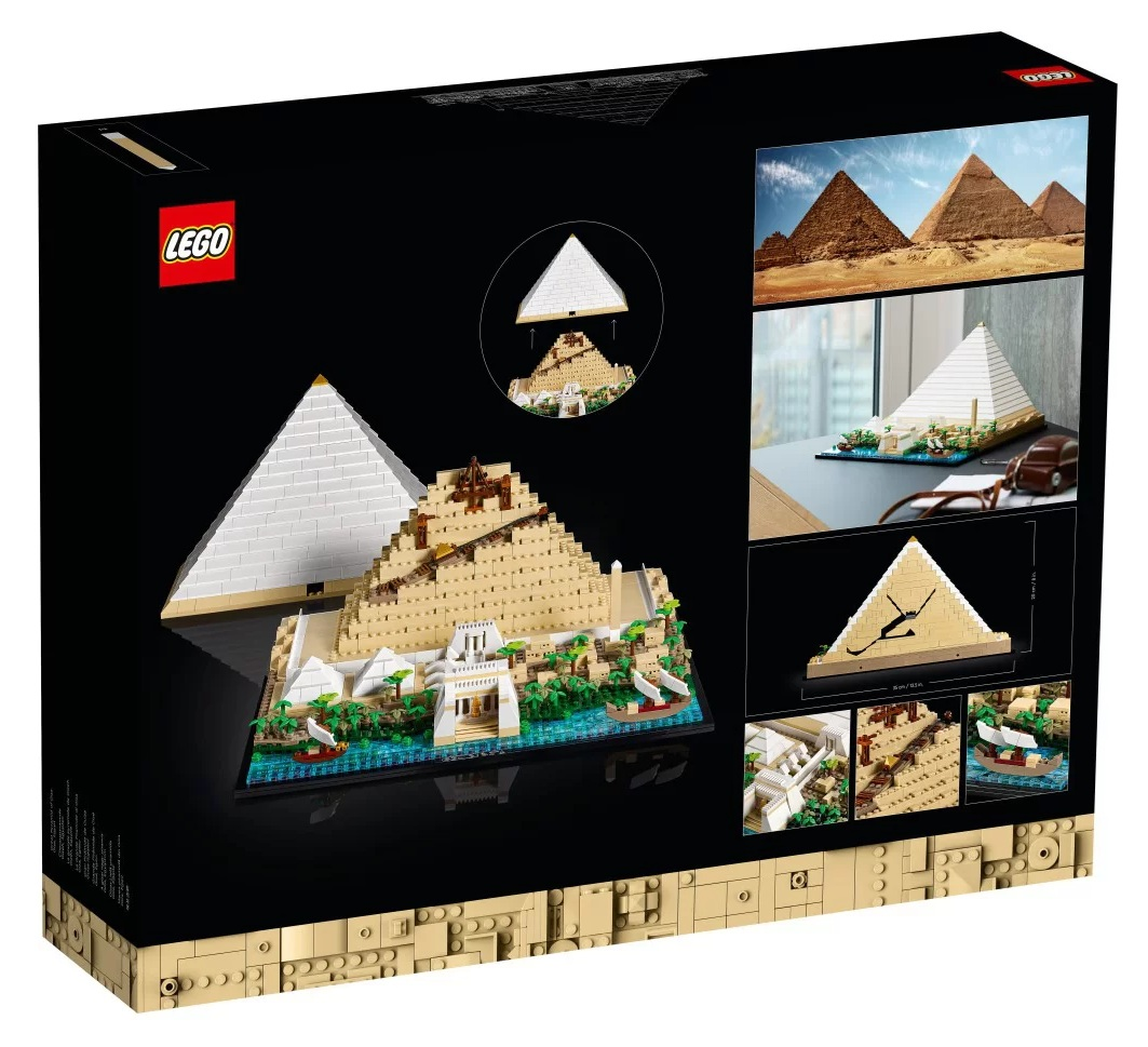 Pudełko Lego z modelem piramidy. Model przedstawia dwie piramidy, rzekę i otaczające je konstrukcje. Pudełko ma markę Lego.