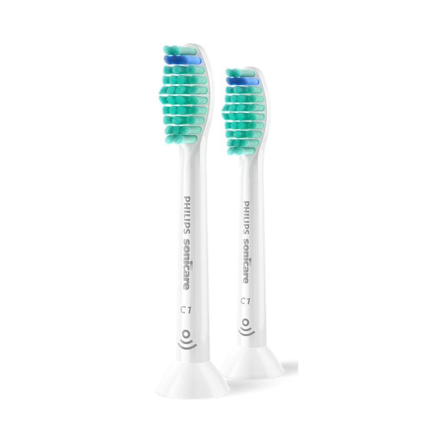 Due testine per spazzolino Philips Sonicare bianche. Le setole sono verdi e blu. Le testine sono su sfondo bianco.