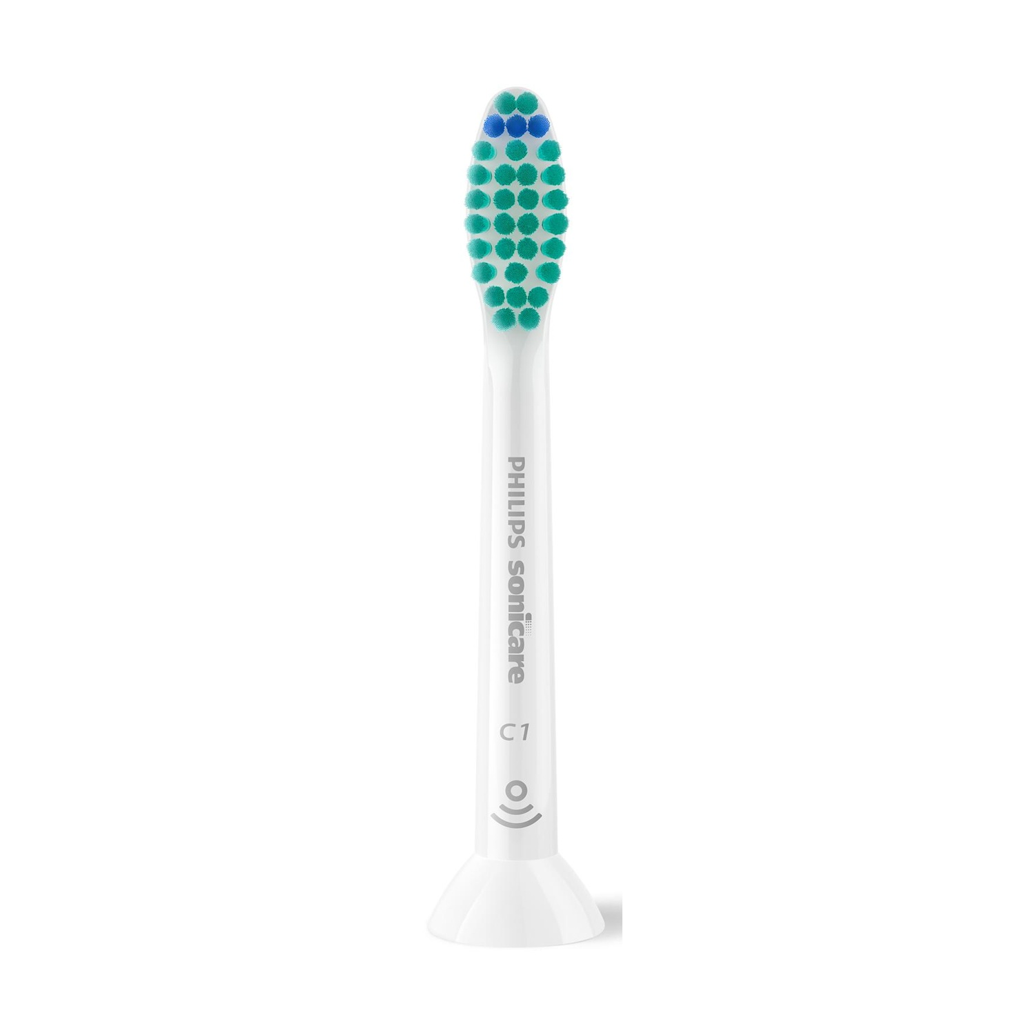 Una testina per spazzolino Philips Sonicare. Le setole sono verdi e blu. L'impugnatura è bianca e il marchio è visibile.