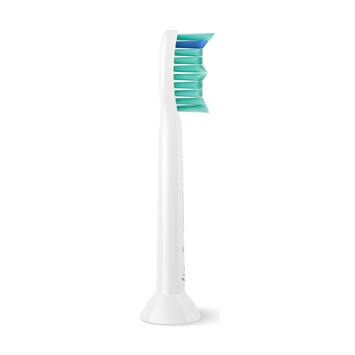 Una testina bianca con setole verdi e blu è in posizione verticale. Lo sfondo è bianco.