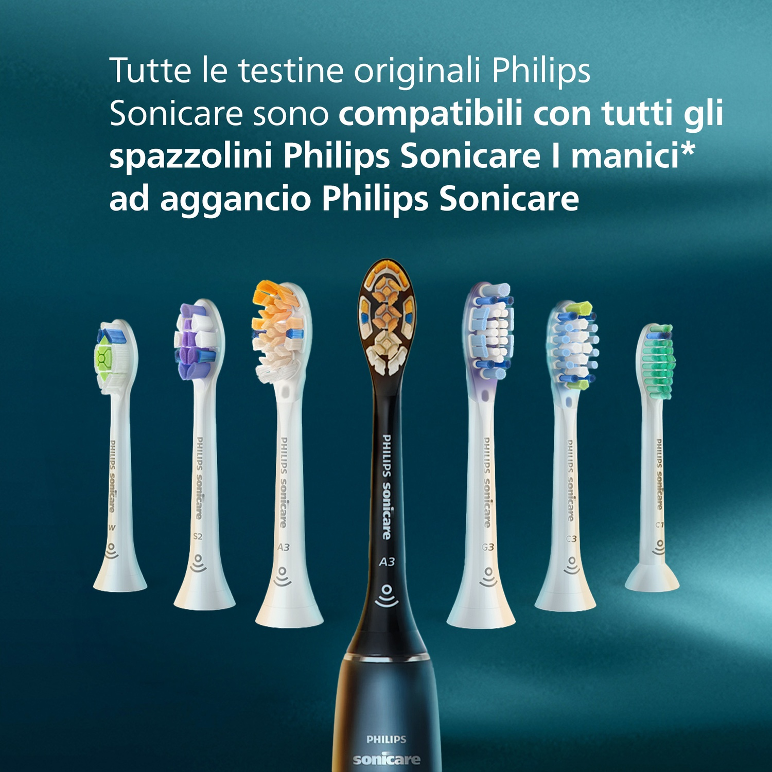 L'immagine mostra varie testine per spazzolino Philips Sonicare. Variano per colore e design delle setole, su sfondo blu scuro.