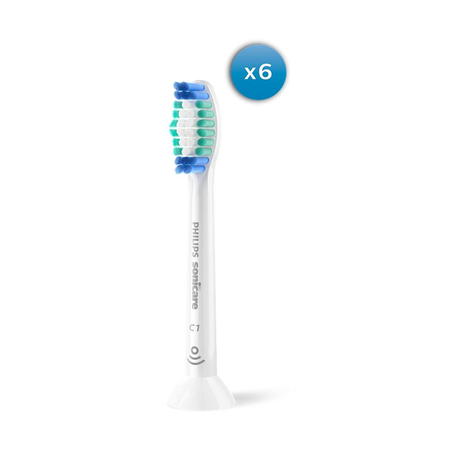 Una testina per spazzolino Philips Sonicare bianca con setole blu e verdi. Un cerchio blu mostra 'x6'.