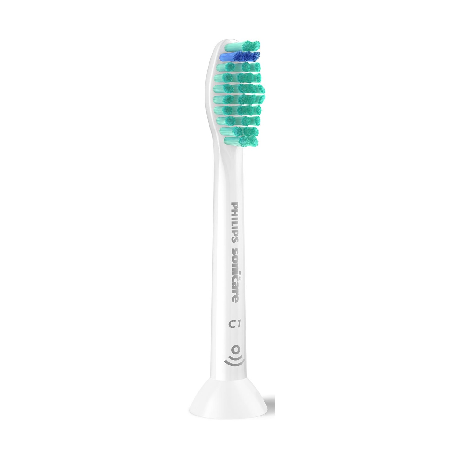 Una testina per spazzolino Philips Sonicare. Ha setole verdi e blu. Il manico è bianco e il marchio è visibile.