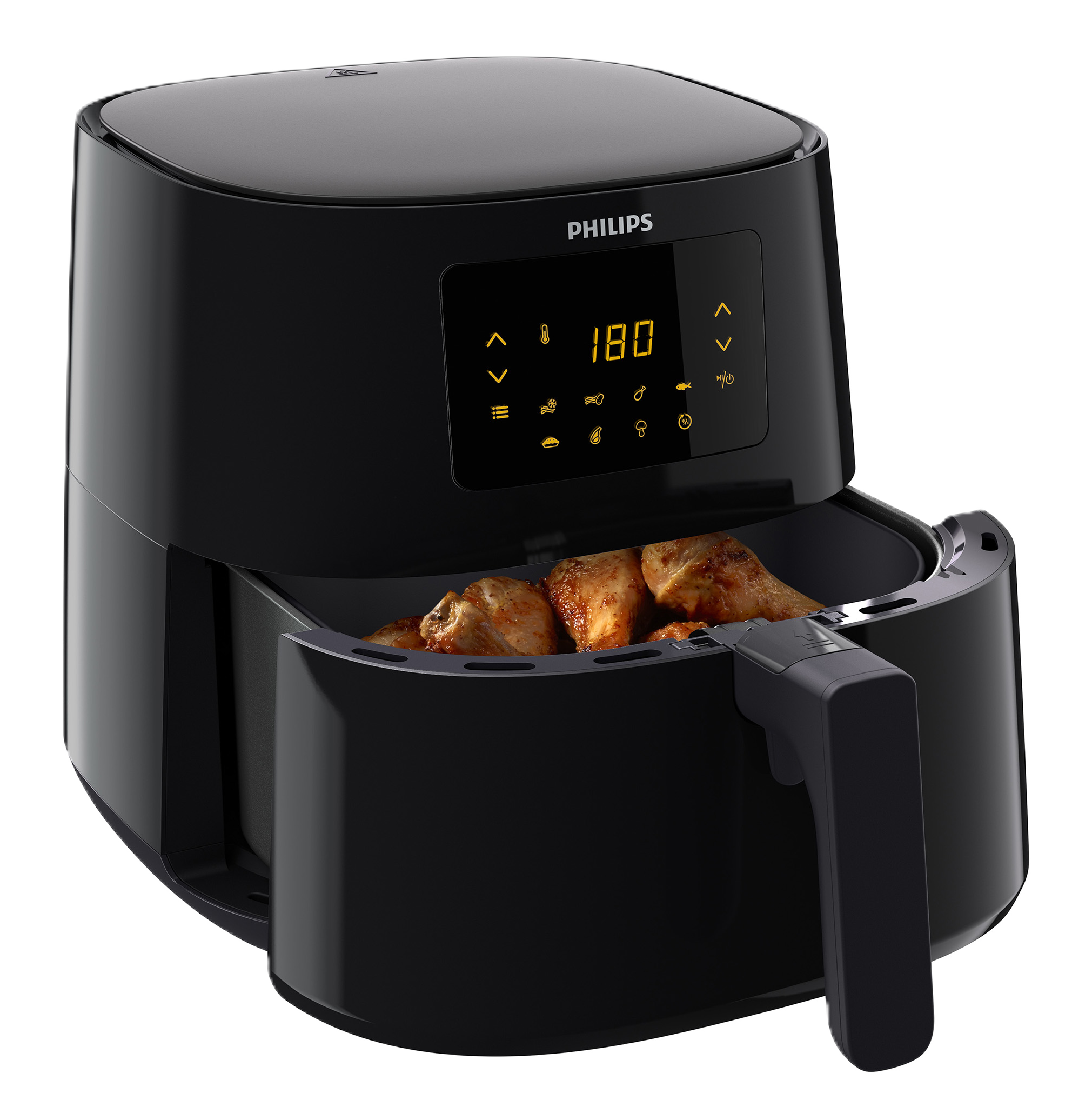 Schwarze Philips Heißluftfritteuse mit offenem Korb mit gekochtem Hähnchen. Das Display zeigt 180 Grad. Weißer Hintergrund.