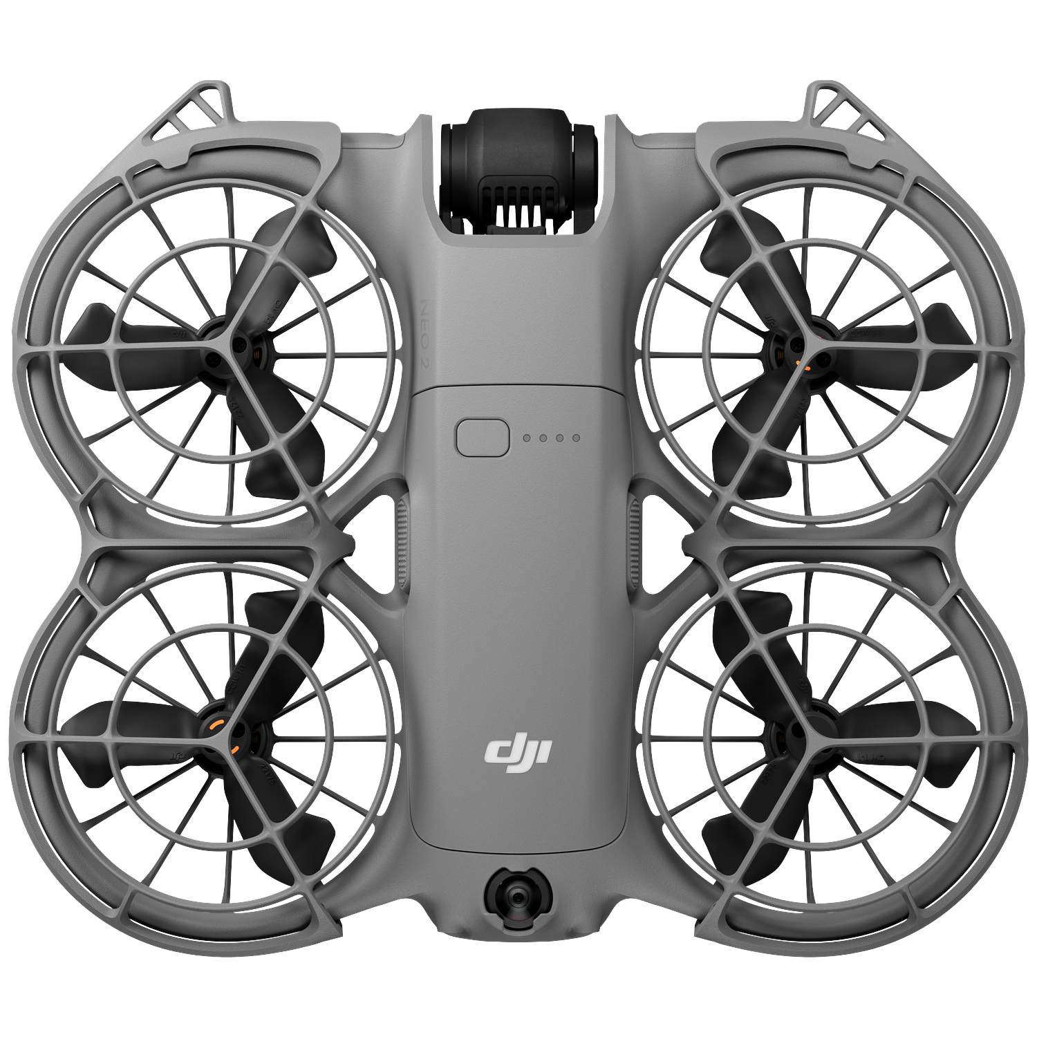 Een grijze drone met vier propellers, elk beschermd door een cirkelvormige kooi. De drone heeft een centrale behuizing met een camera en het DJI-logo.