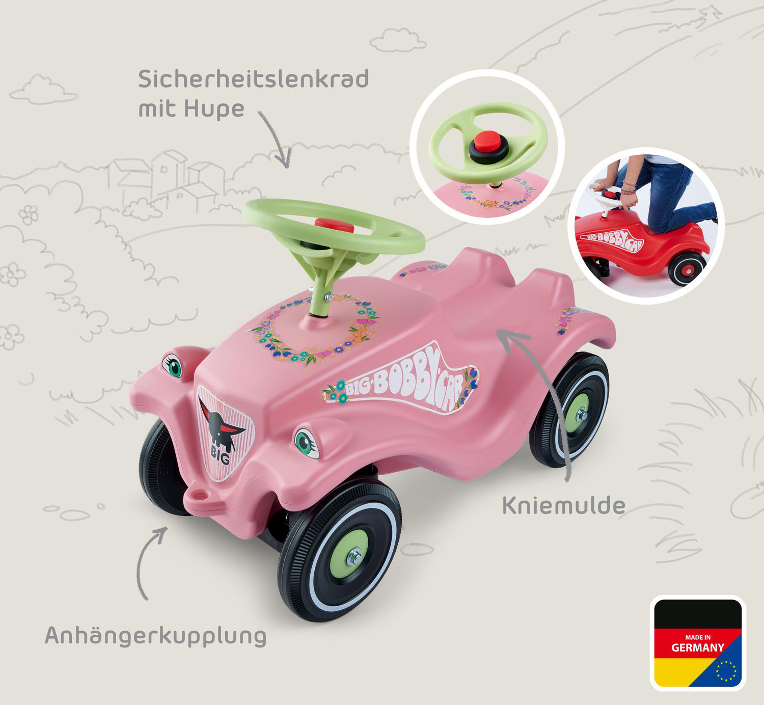 Rosa Spielzeugauto mit grünem Lenkrad und schwarzen Rädern. Details umfassen Hupe, Anhängerkupplung und Kniemulde.