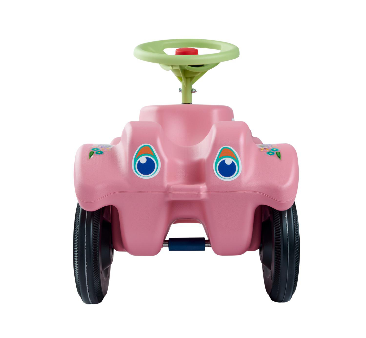 Ein rosa Spielzeugauto mit grünem Lenkrad. Es hat schwarze Räder und Cartoon-Augen auf der Vorderseite, mit floralen Details.