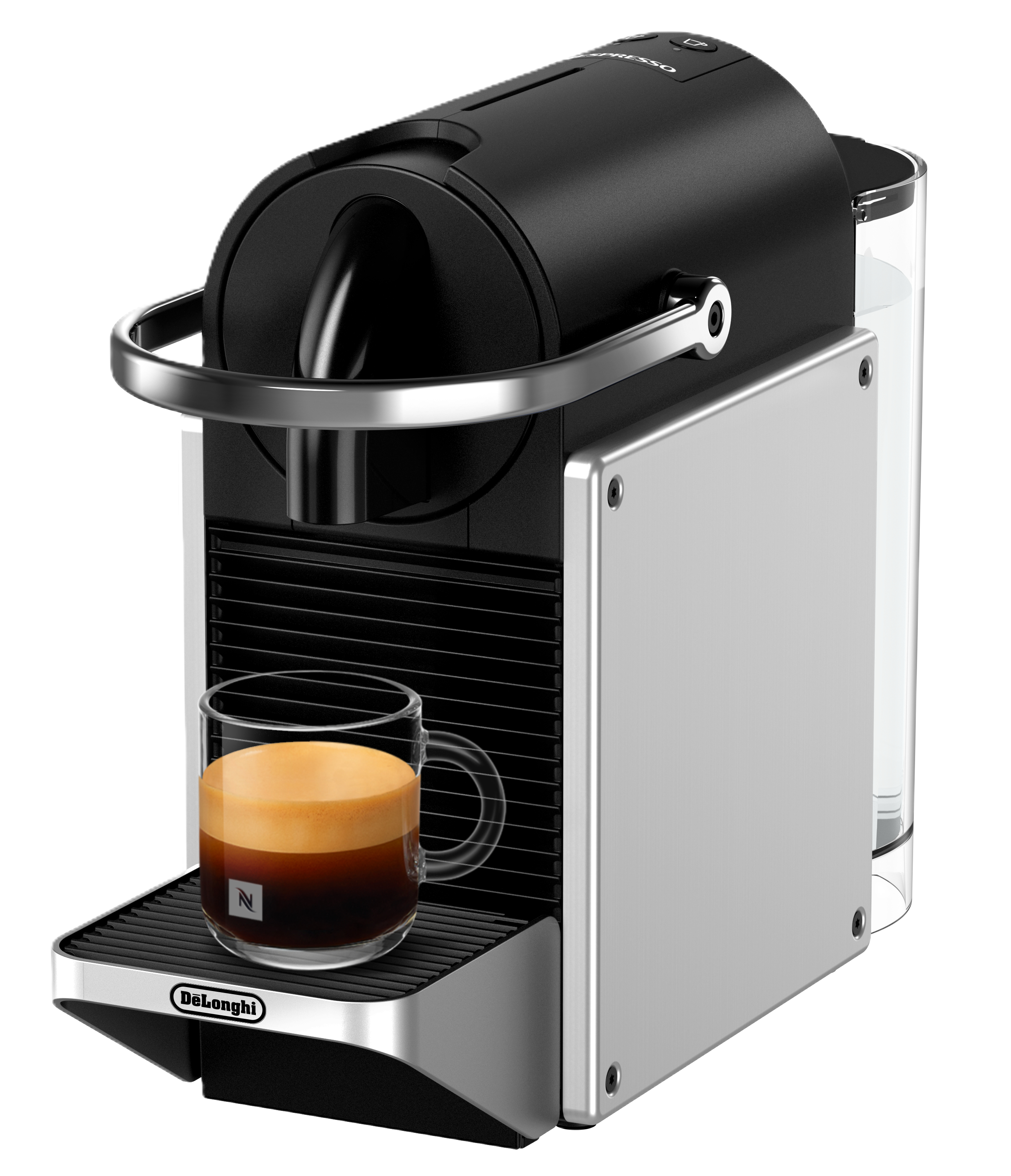 Eine schwarze und silberne Nespresso-Maschine mit einem Glas Espresso. Die Maschine hat einen Wassertank und ein DeLonghi-Logo.