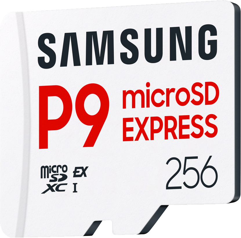 Egy Samsung microSD kártya piros P9, microSD EXPRESS és 256 felirattal. A kártya fehér, fekete és piros szöveggel.