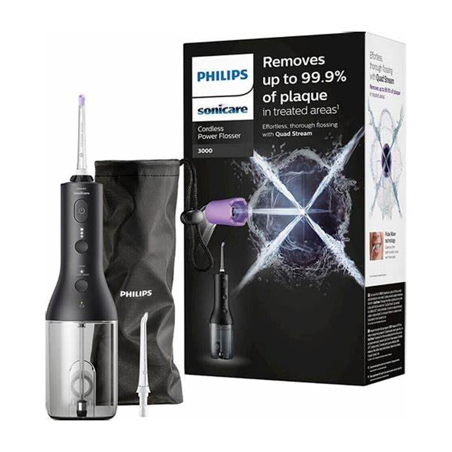 Idropulsore Philips Sonicare cordless. Dispositivo nero e argento, scatola dice rimuove fino al 99,9% della placca.
