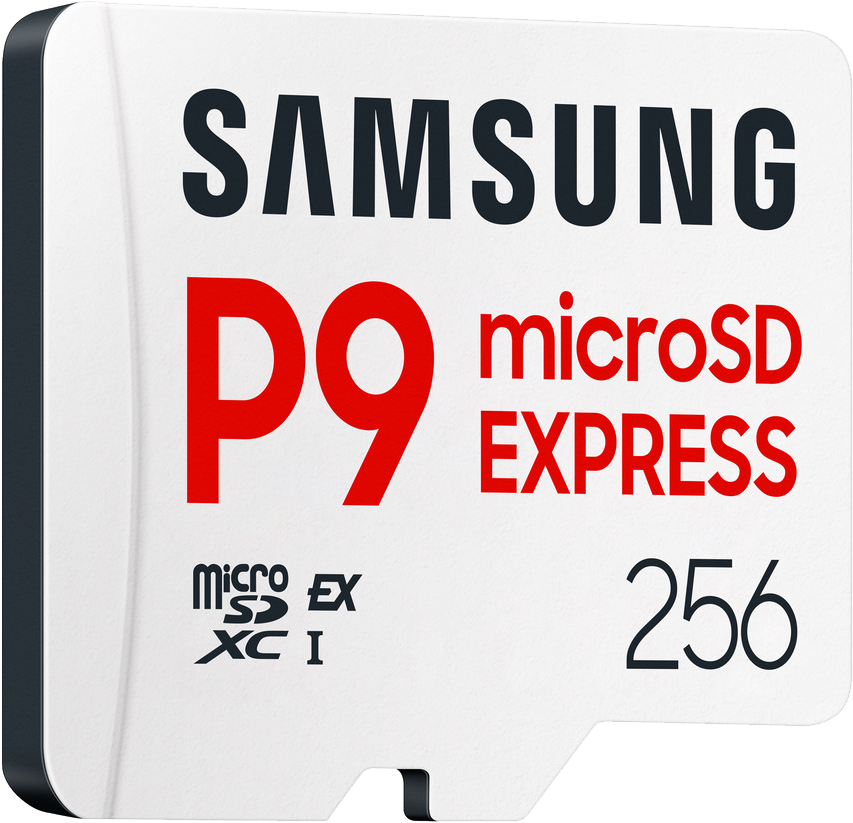Egy Samsung microSD kártya piros 'P9' és 'microSD EXPRESS' felirattal. Rajta van a '256' és egyéb márkaadatok is.
